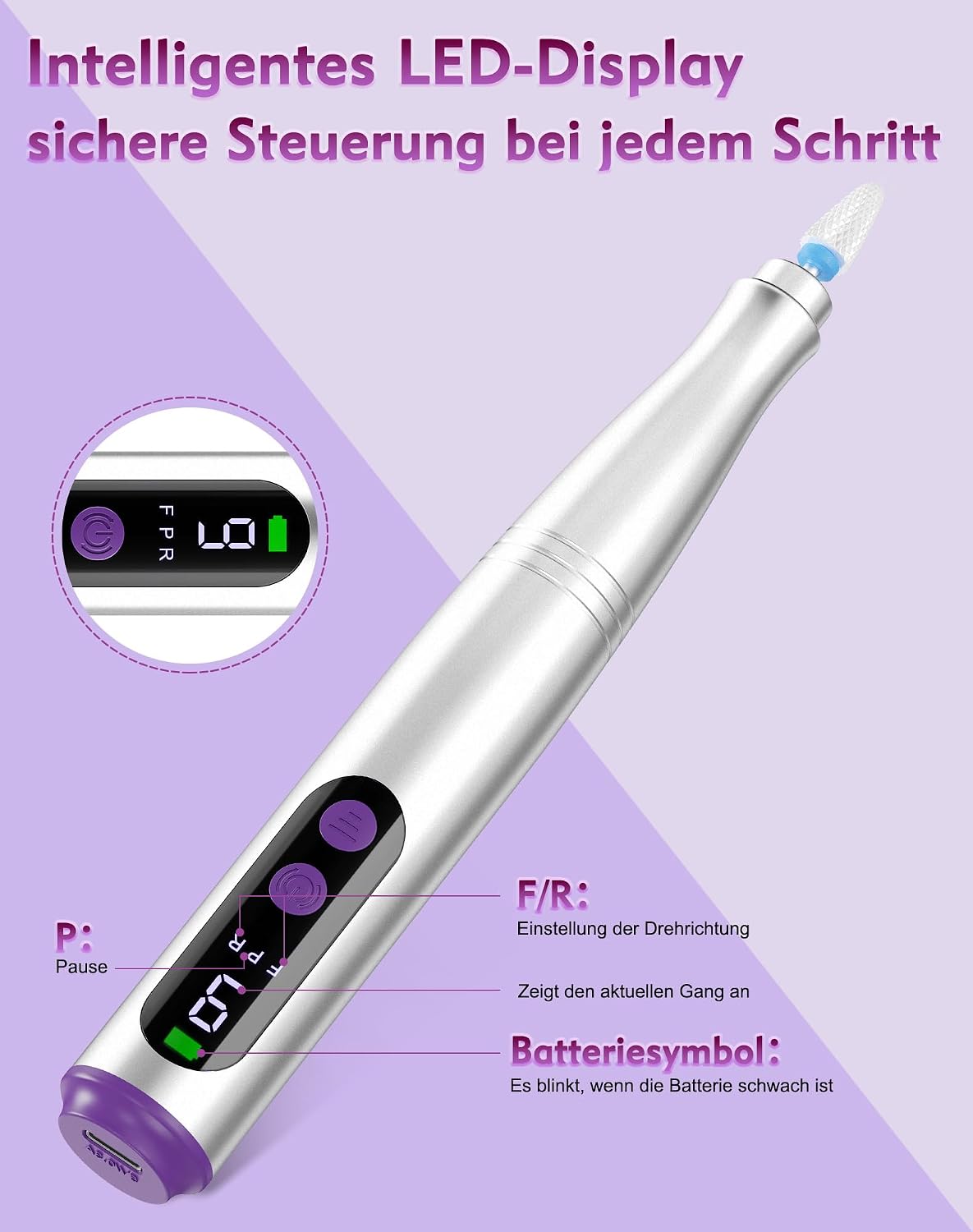 Elektrischer Nagelfräser mit LCD & USB-C, 9 Geschwindigkeiten, Silber