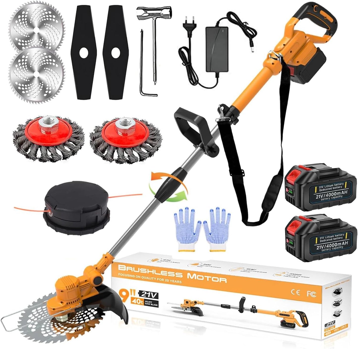 4-in-1 Akku-Rasentrimmer mit Unkrautbürste, orange