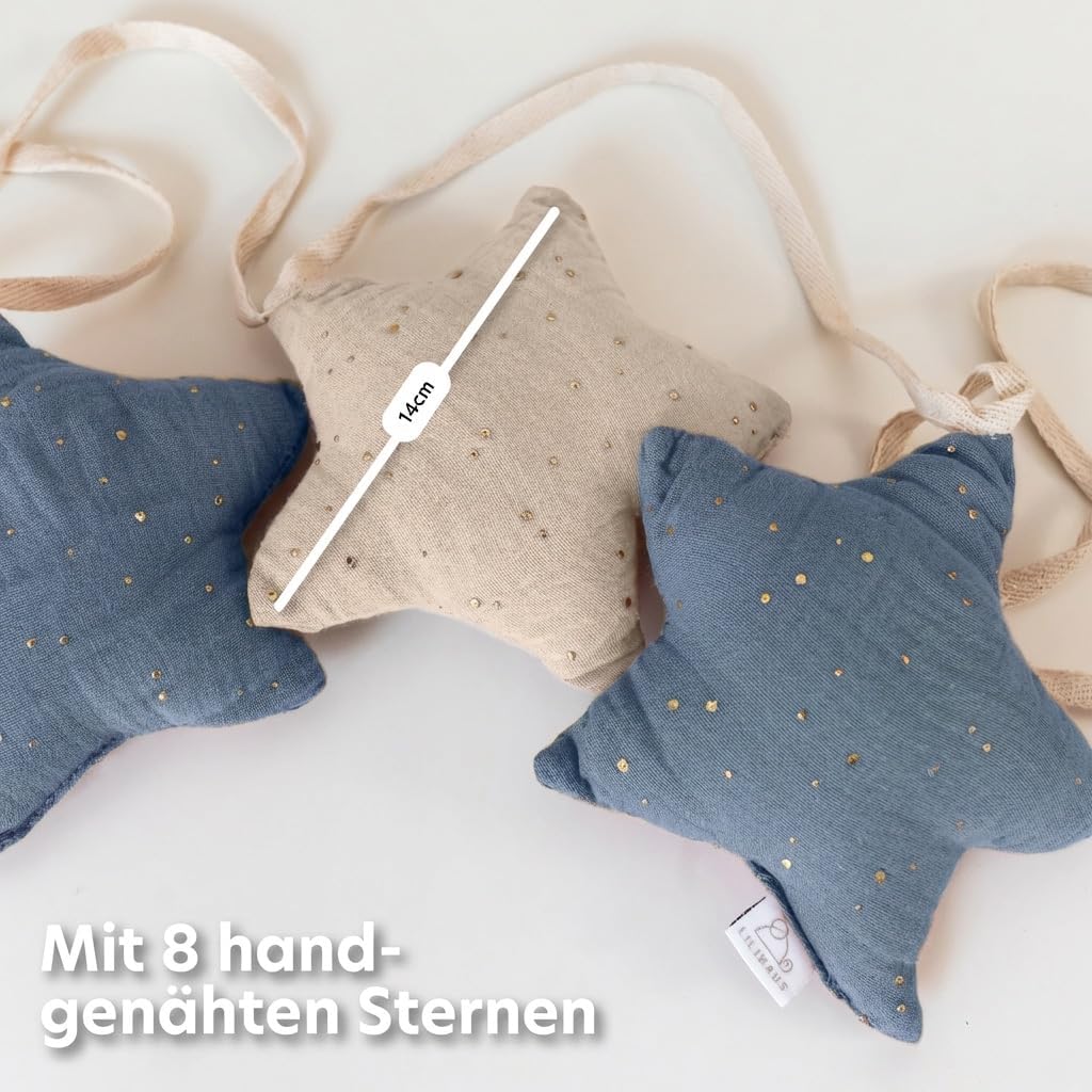 Sternenkette mit Goldapplikation, Blau & Hellbeige Sterne mit Goldapplikation