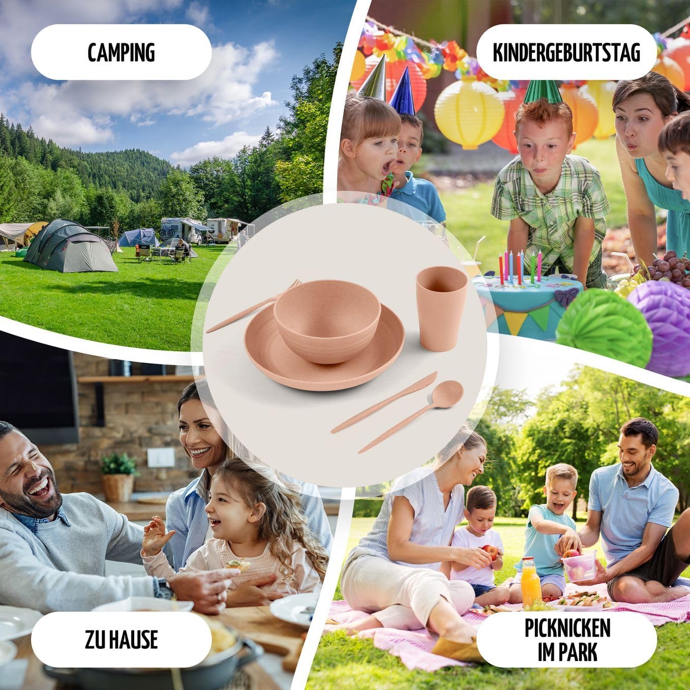 Umweltfreundliches Camping-Geschirrset (100% recycelt), Bunt