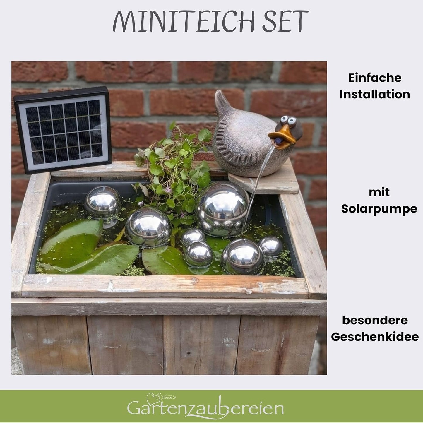 Holzkiste mit Wasserspeier Ente & Solar-Wasserpumpe