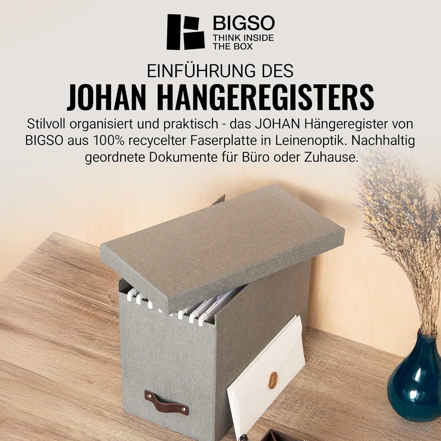 Johan Hängeregisterbox mit Deckel & Griff, Grau Leinenoptik