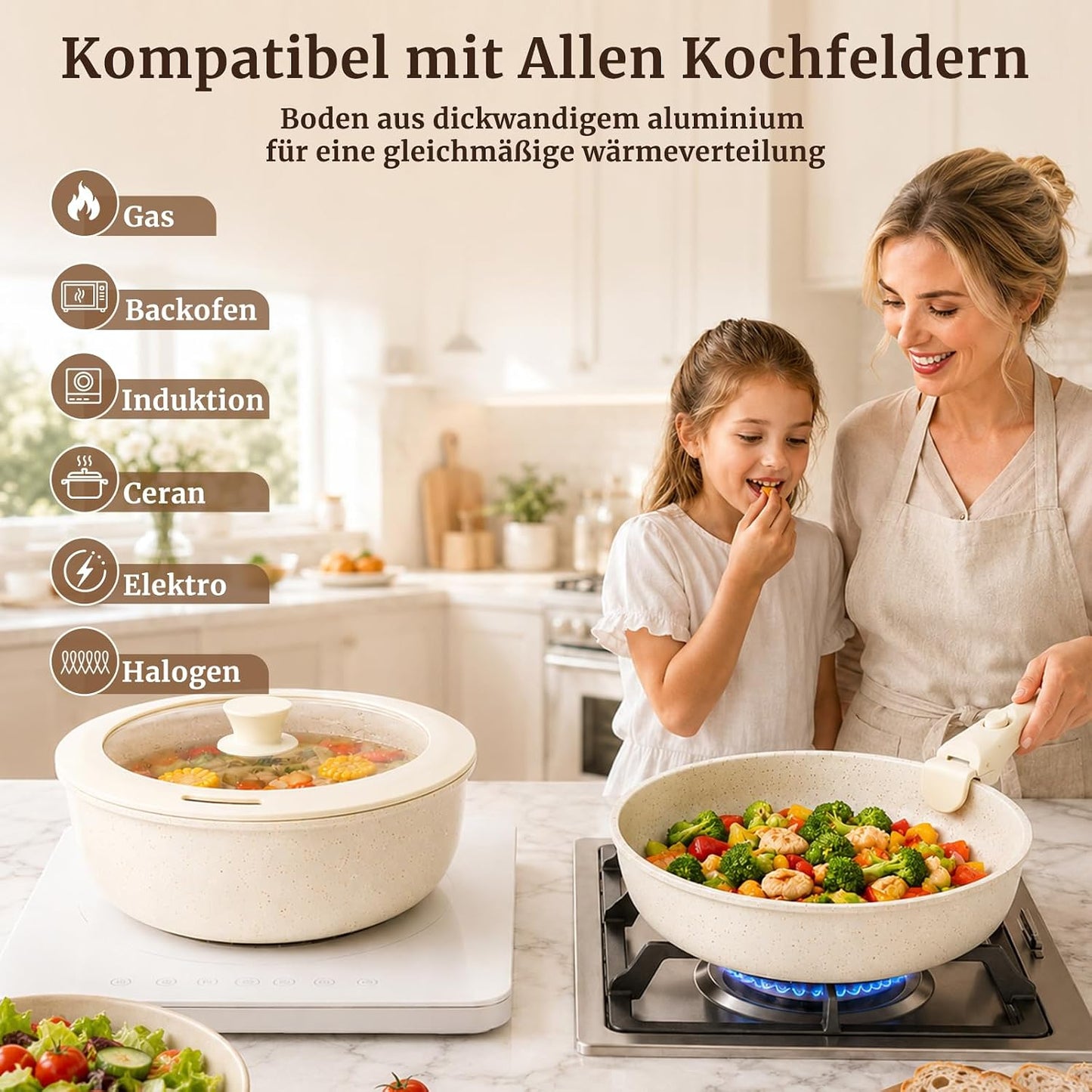 21-teiliges Kochgeschirrset mit abnehmbarem Griff, Weiss