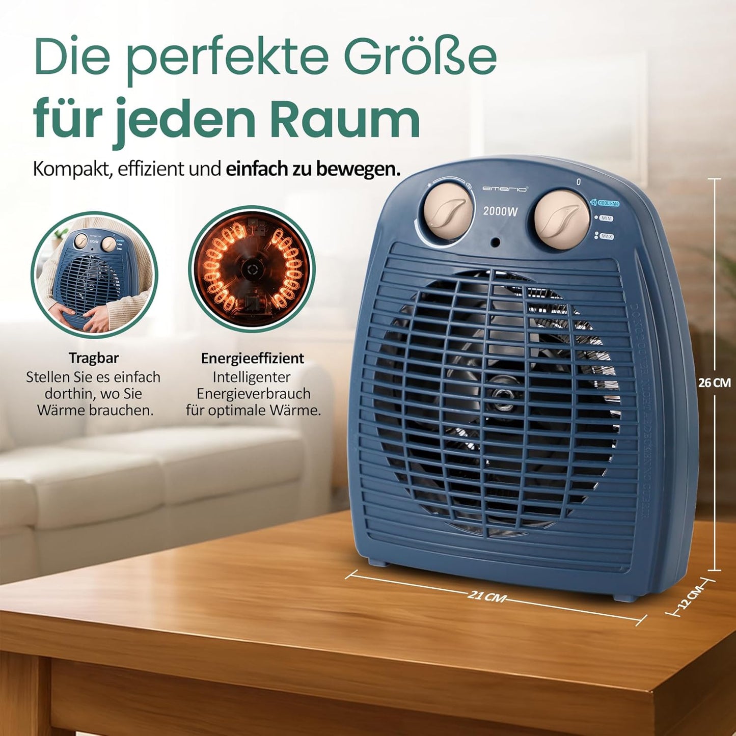 Heizlüfter mit Thermostat & Ventilatorfunktion, Blau