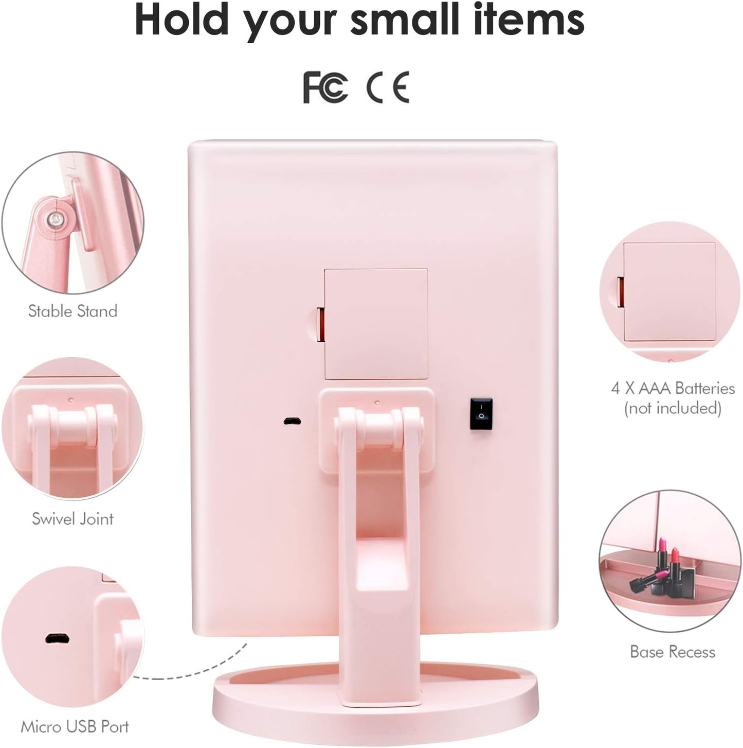 Trifold Make-up-Spiegel mit LED und USB-Aufladung, Rosa-1