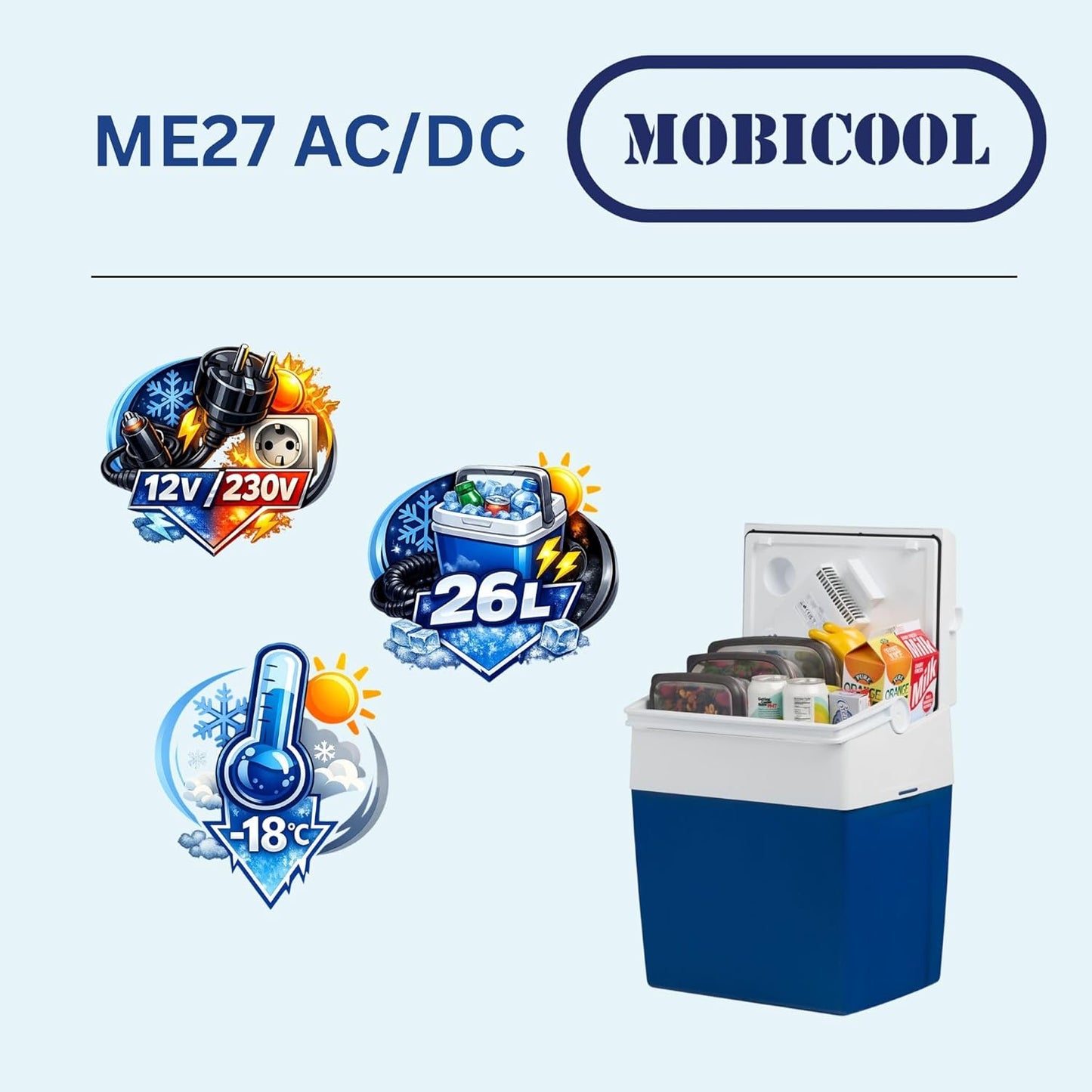 ME27 Auto-Kühlbox mit Doppellüfter-System, 26 L Blau