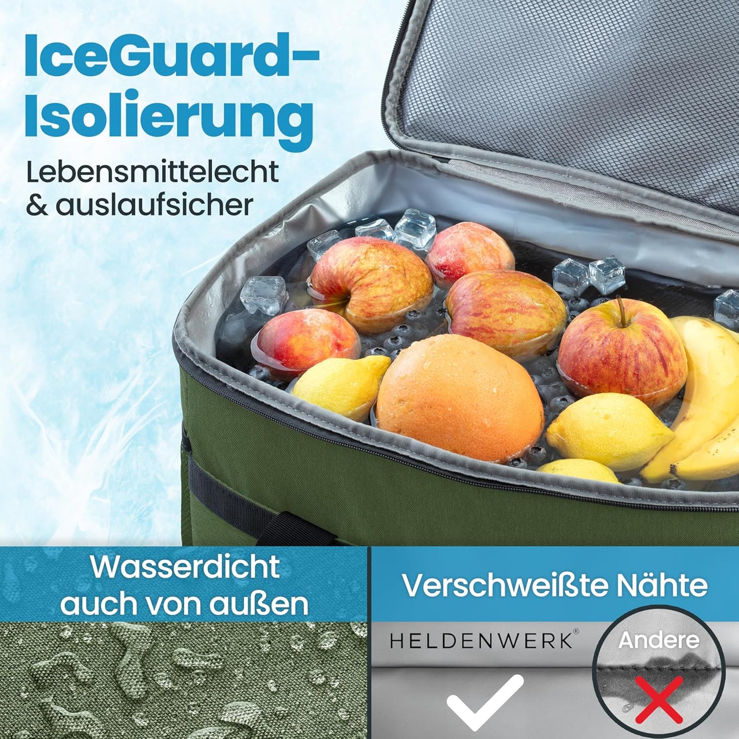 Faltbare Kühltasche mit Flaschenöffner & verstärktem Boden, Olivgrün 33L (L40 x B26,5 x H31 cm)