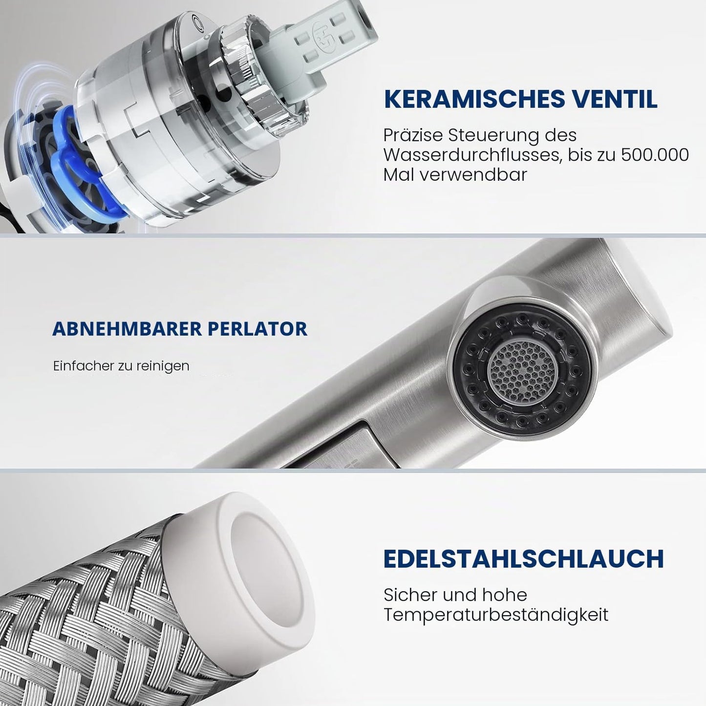 Küchenarmatur mit ausziehbarer Brause, 360° drehbar, Rostfreier Stahl, Gebürstet