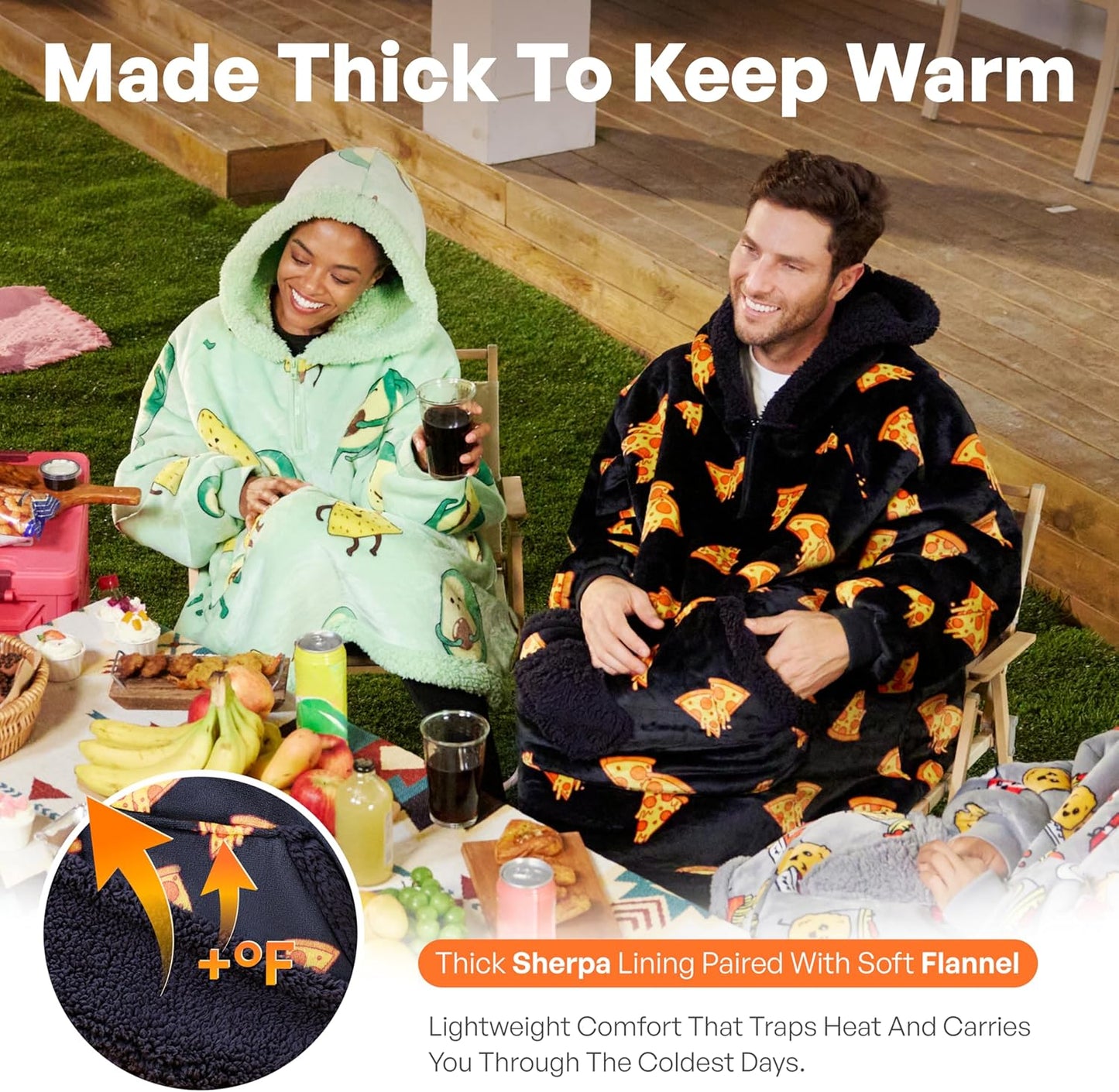 Tragbare Decken Hoodie aus Flanell Sherpa Fleece, Schwarze Pizza