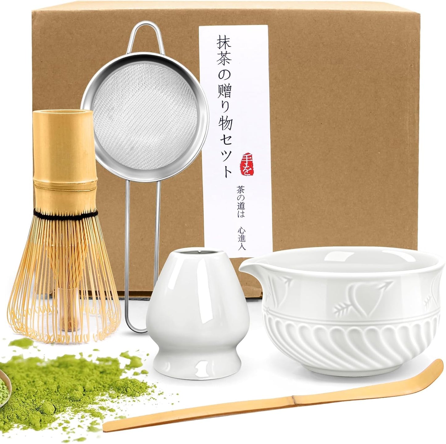 Matcha Tee-Set mit Schale & Zubehör (5-teilig), Weiß