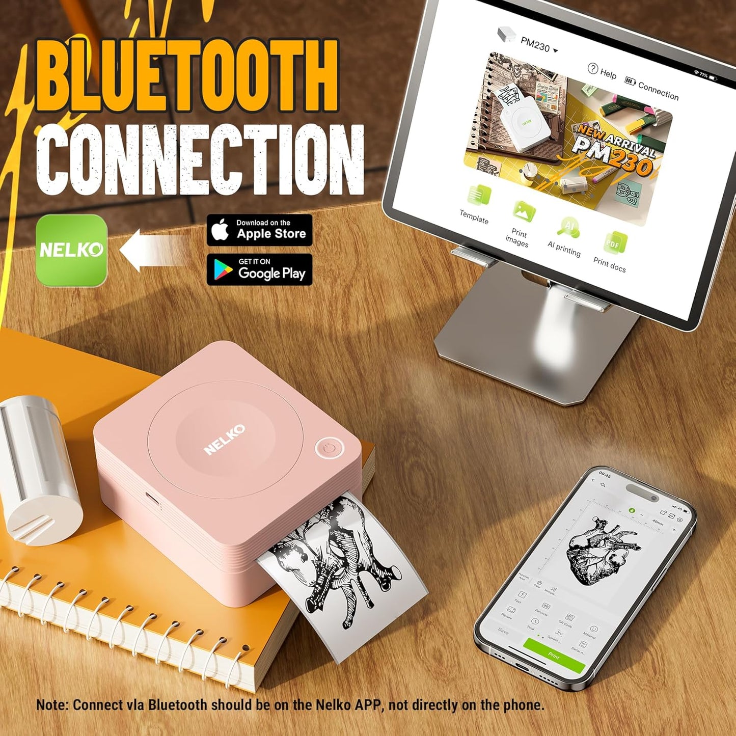 Mini Aufkleber Drucker PM230 mit Bluetooth, Rosa