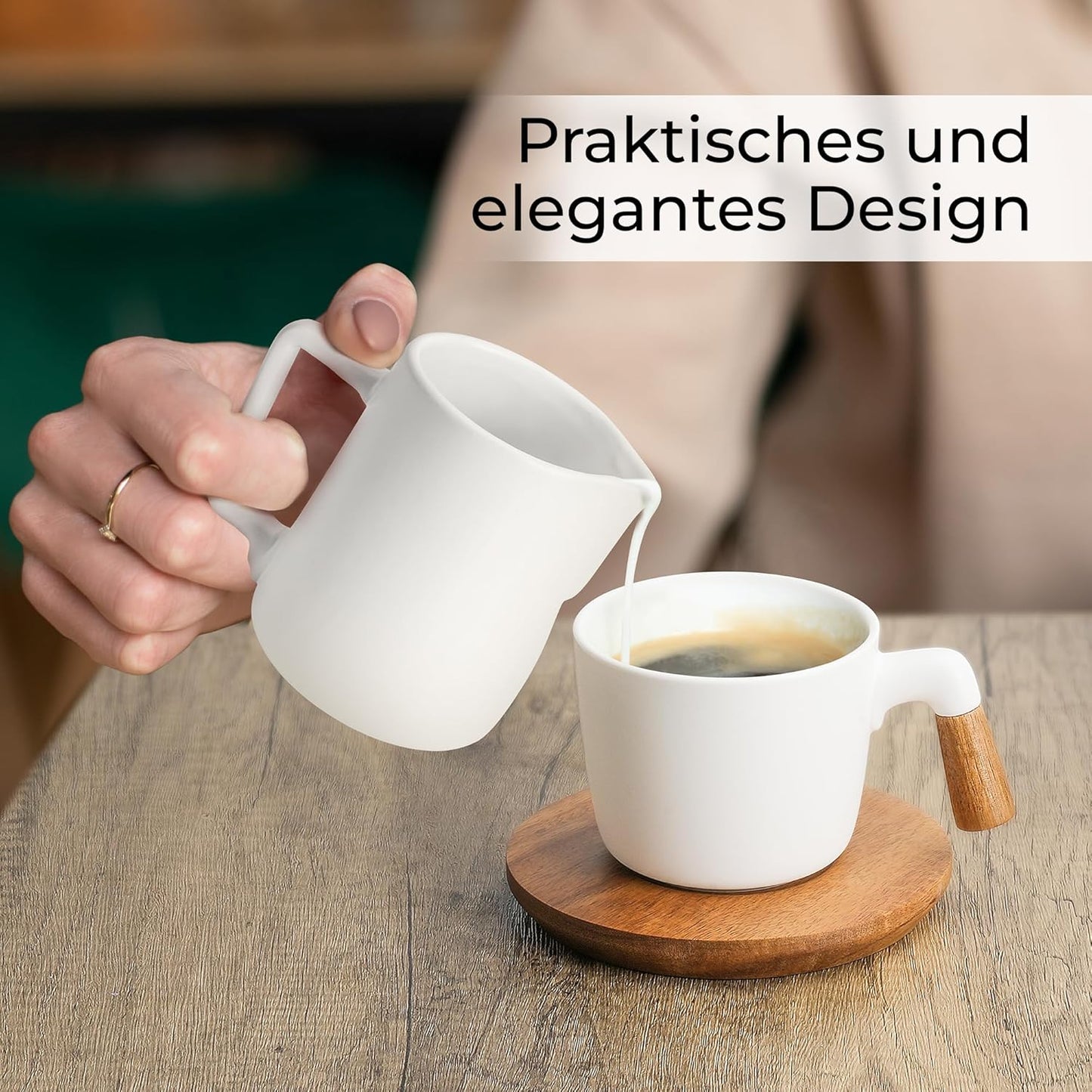 Milch- und Zucker-Set mit Holztablett, Weiss