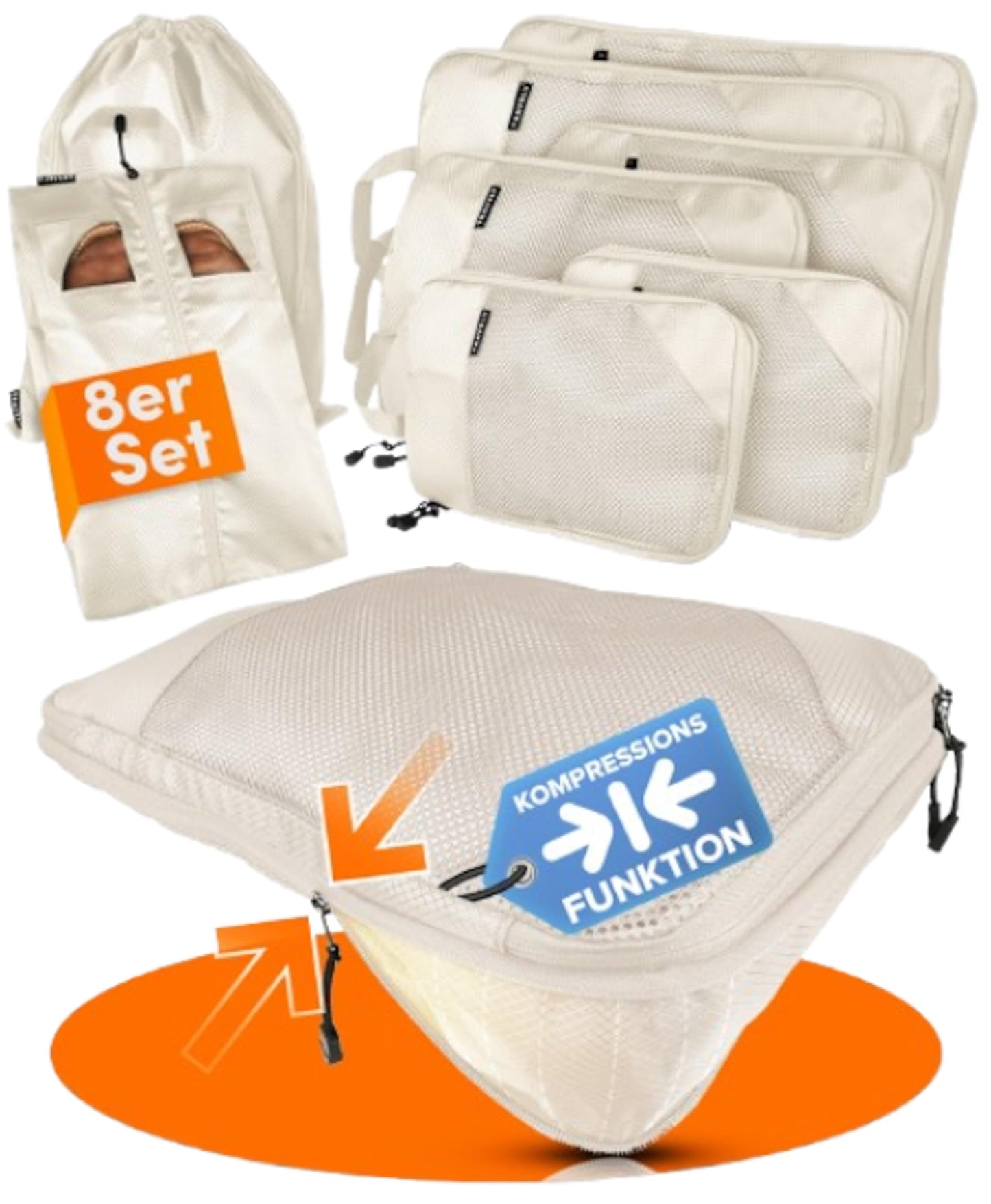 8-teiliges Packwürfel-Kompressions-Set mit Schuhtasche, Beige 8 Teile Gr. Set