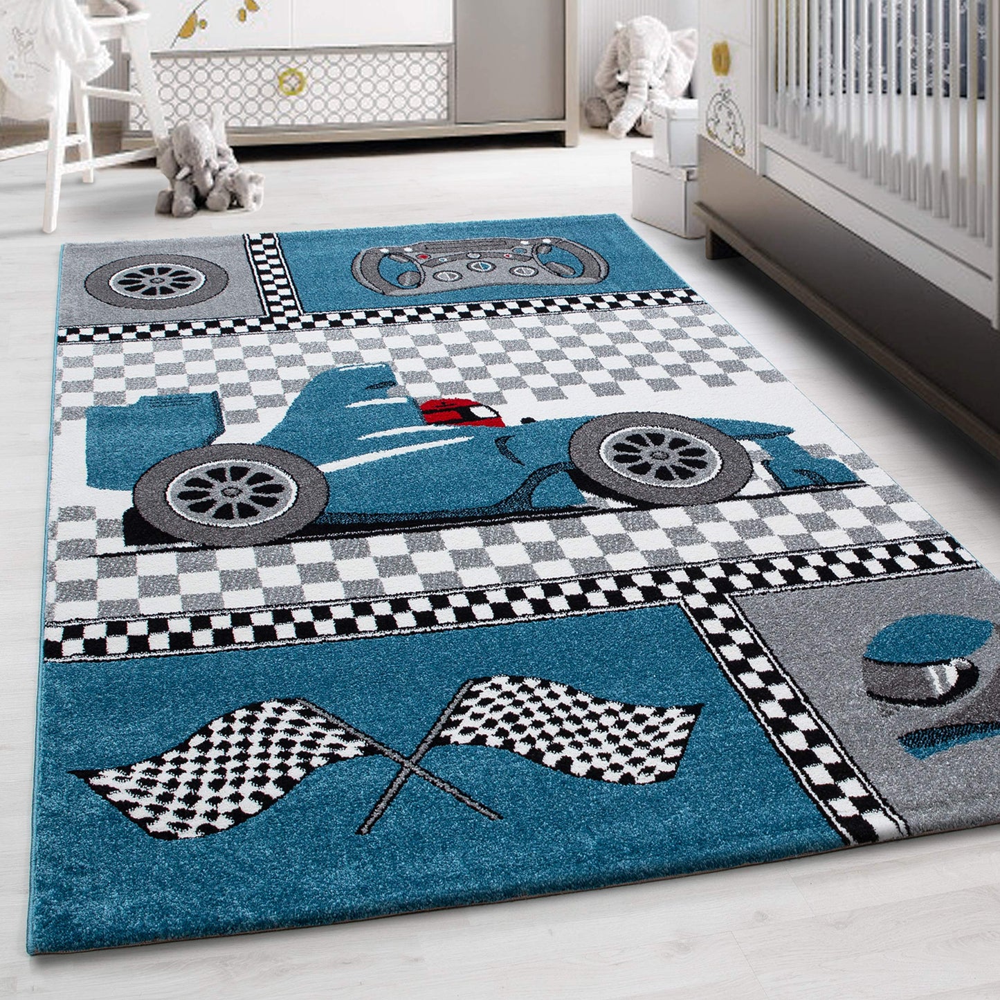 Kinderteppich mit Rennwagen-Muster (120 cm, rund), 120 cm (Rund) Blau-1