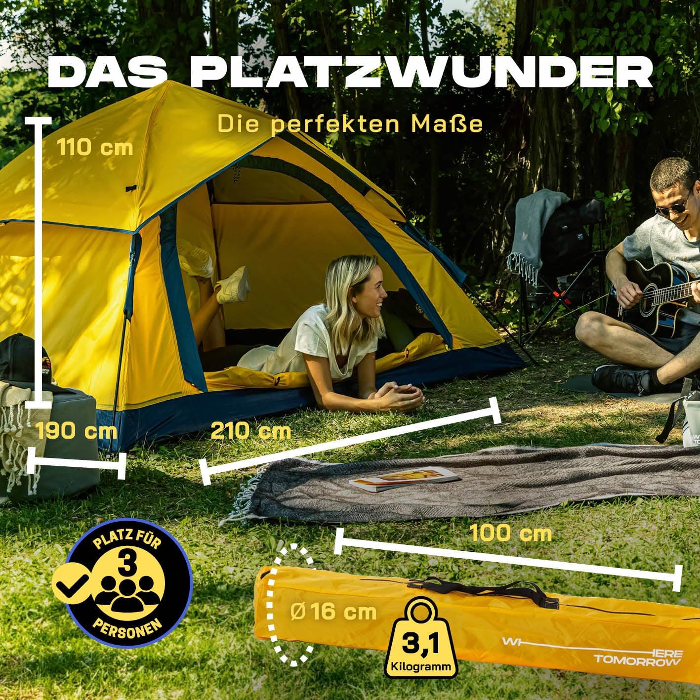 Wurfzelt für 3 Personen, Gelb 2-3 Personen | 1 Eingang