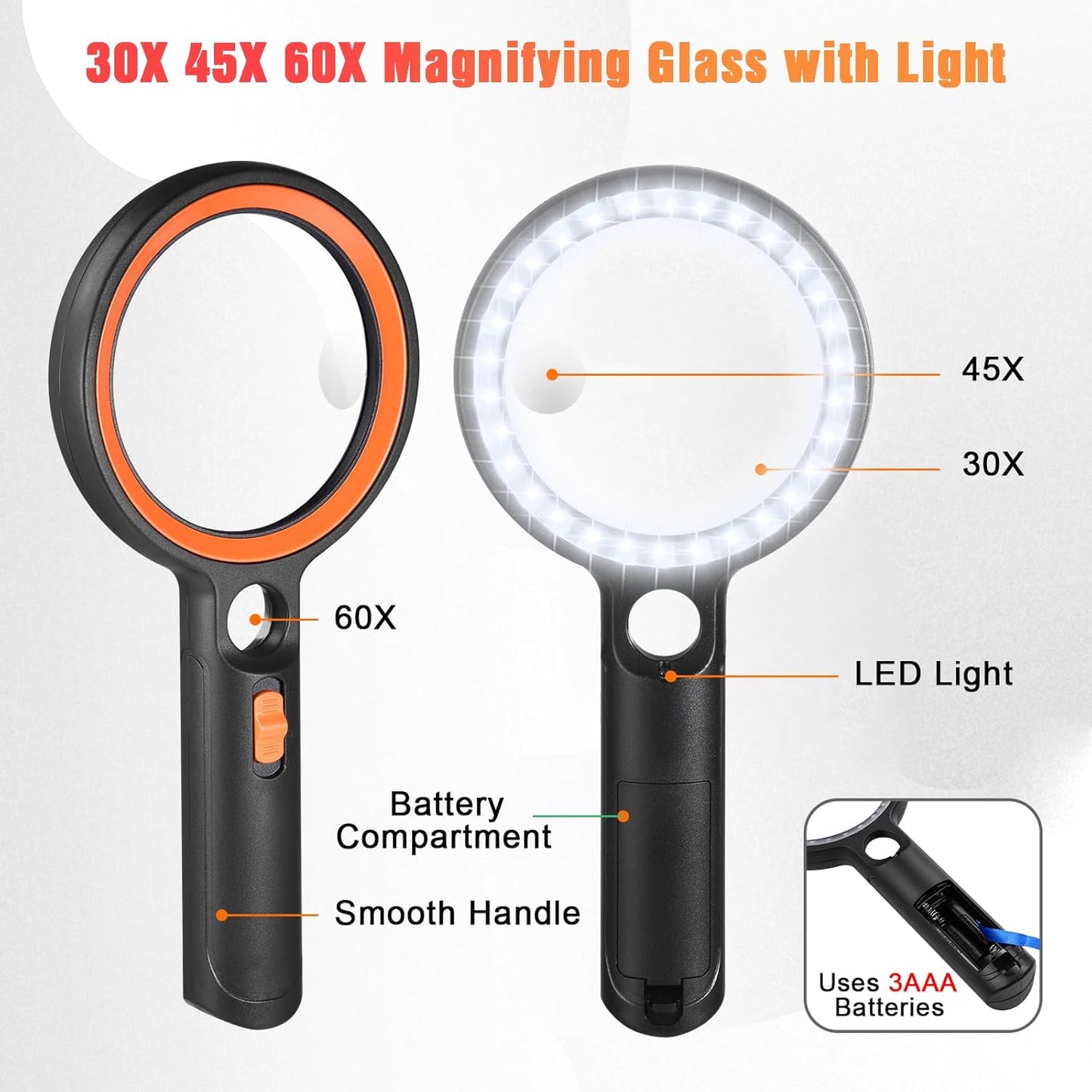 Leselupe mit LED-Beleuchtung, 30X-60X Vergrösserung, 30led - Schwarz Orange