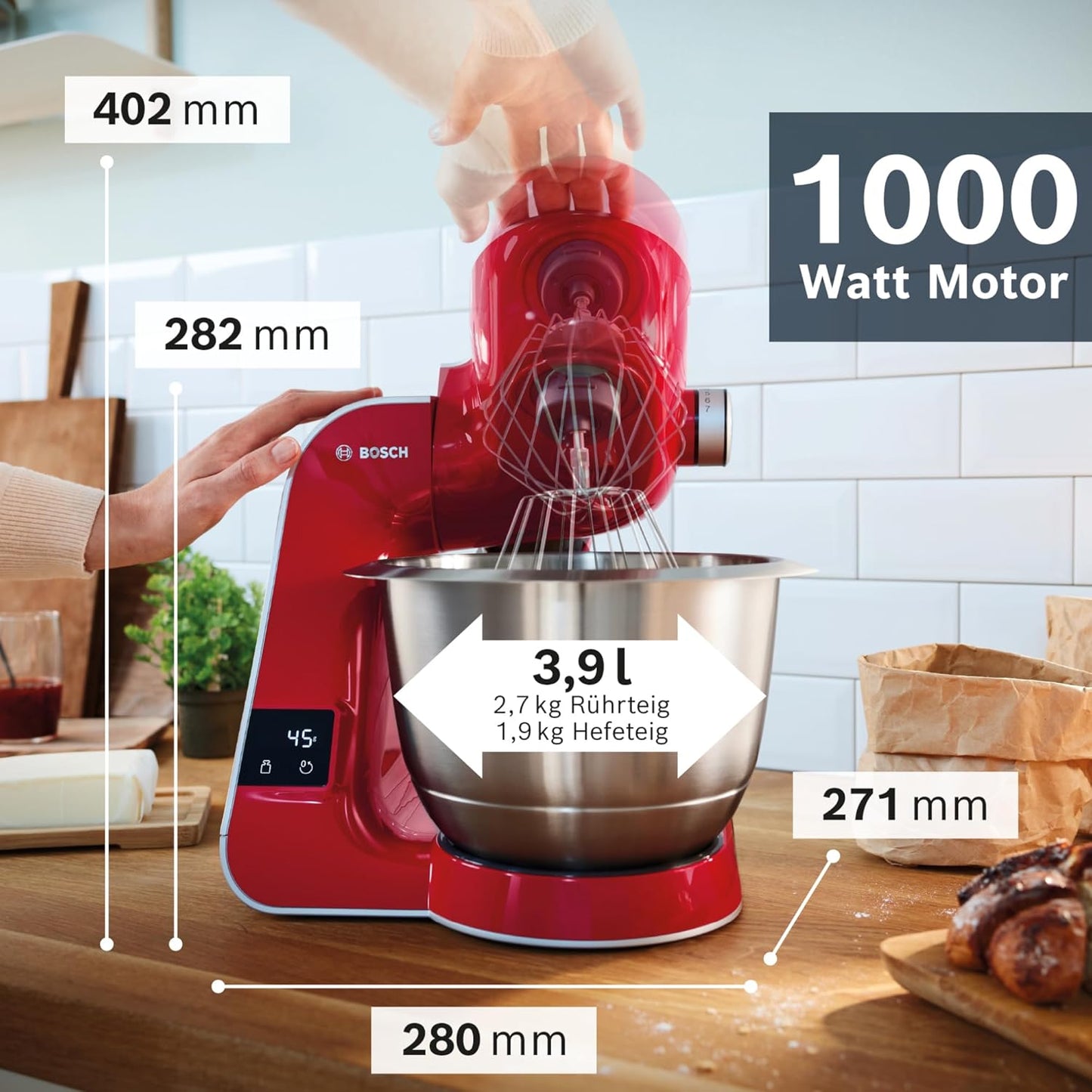 Küchenmaschine MUM5 mit Waage und Zubehör (1000 W), Dunkelrot / Silber 2 Zubehöre Single