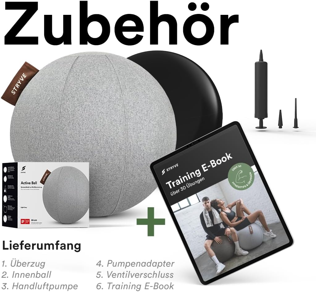 Active Sitzball mit Wollfilzbezug inkl. Luftpumpe, 70 cm Light Grey