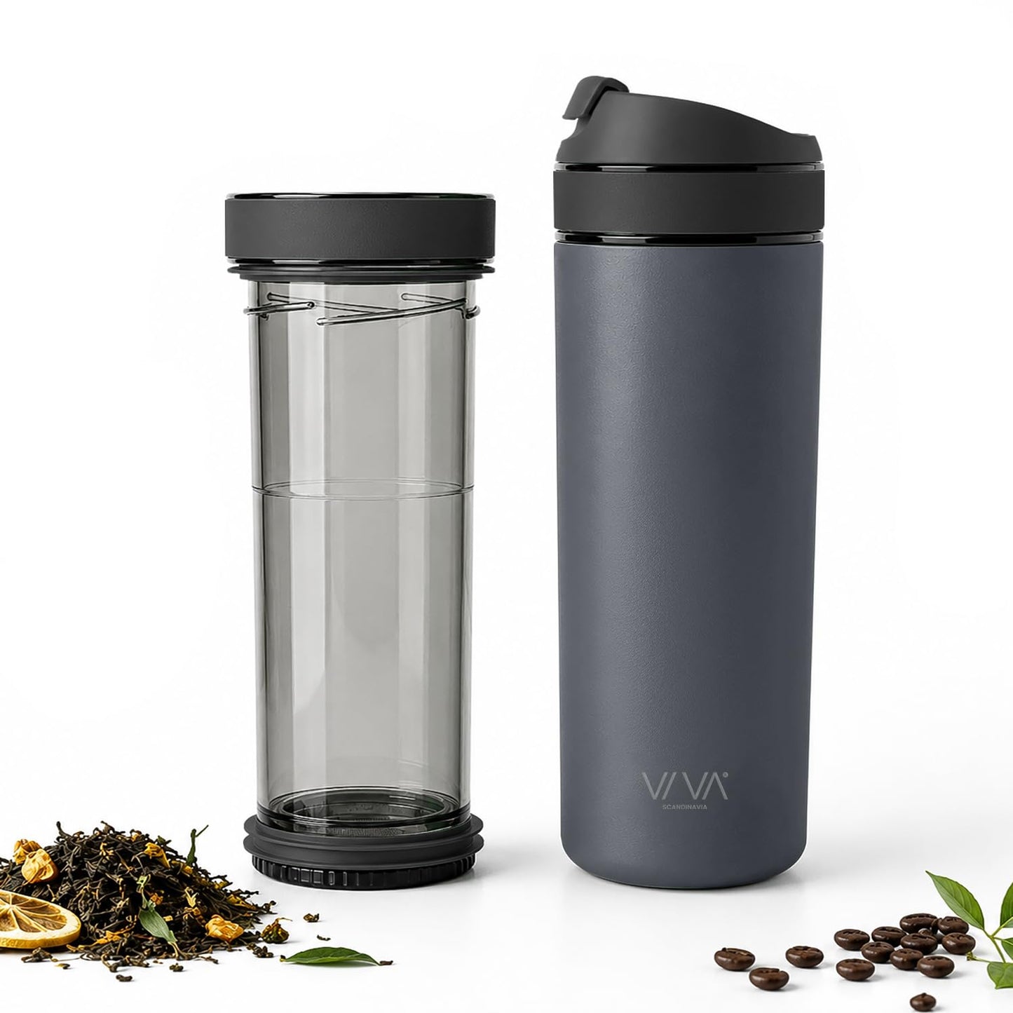 Doppelwandiger Thermobecher mit Sieb, Grau