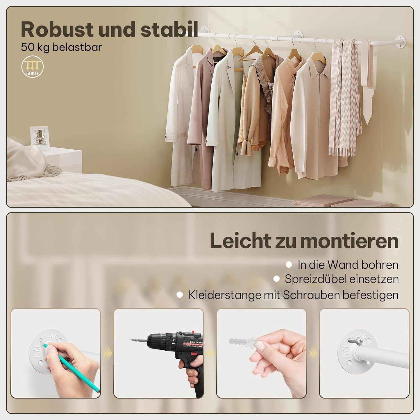 Kleiderstange zur Wandmontage, 180cm, Weiss 180cm