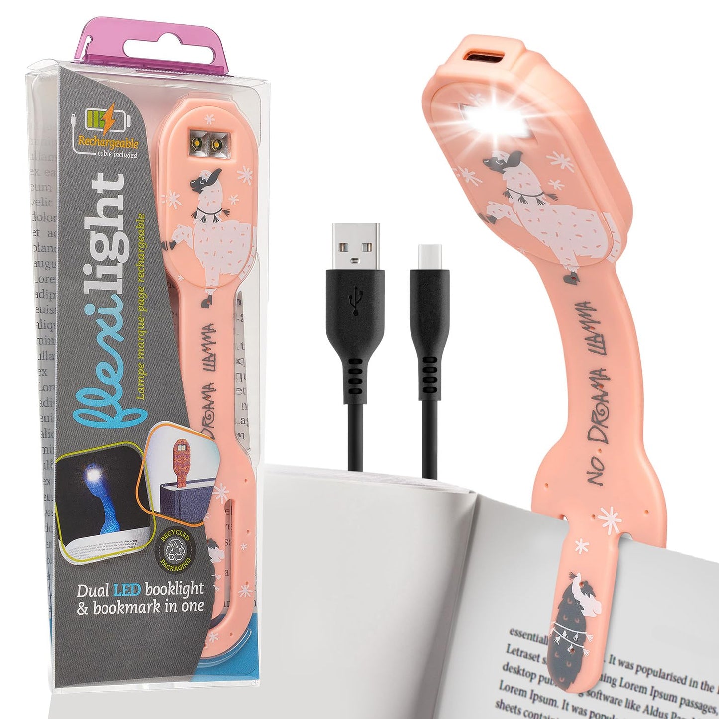 Flexilight 2-in-1 Clip On Leselampe & Lesezeichen, wiederaufladbar, Lama