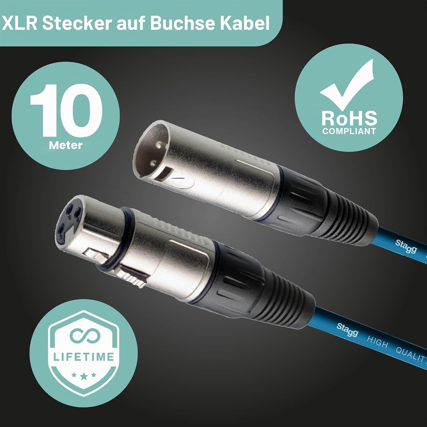 10m XLR Mikrofonkabel (XLRf zu XLRm), Blue 10m XLRf to XLRm
