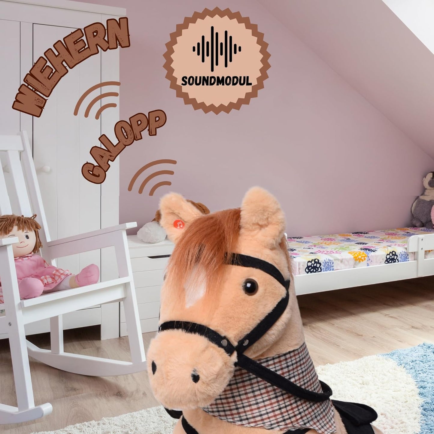 Reitpferd mit Sattel, Zaumzeug und Sound