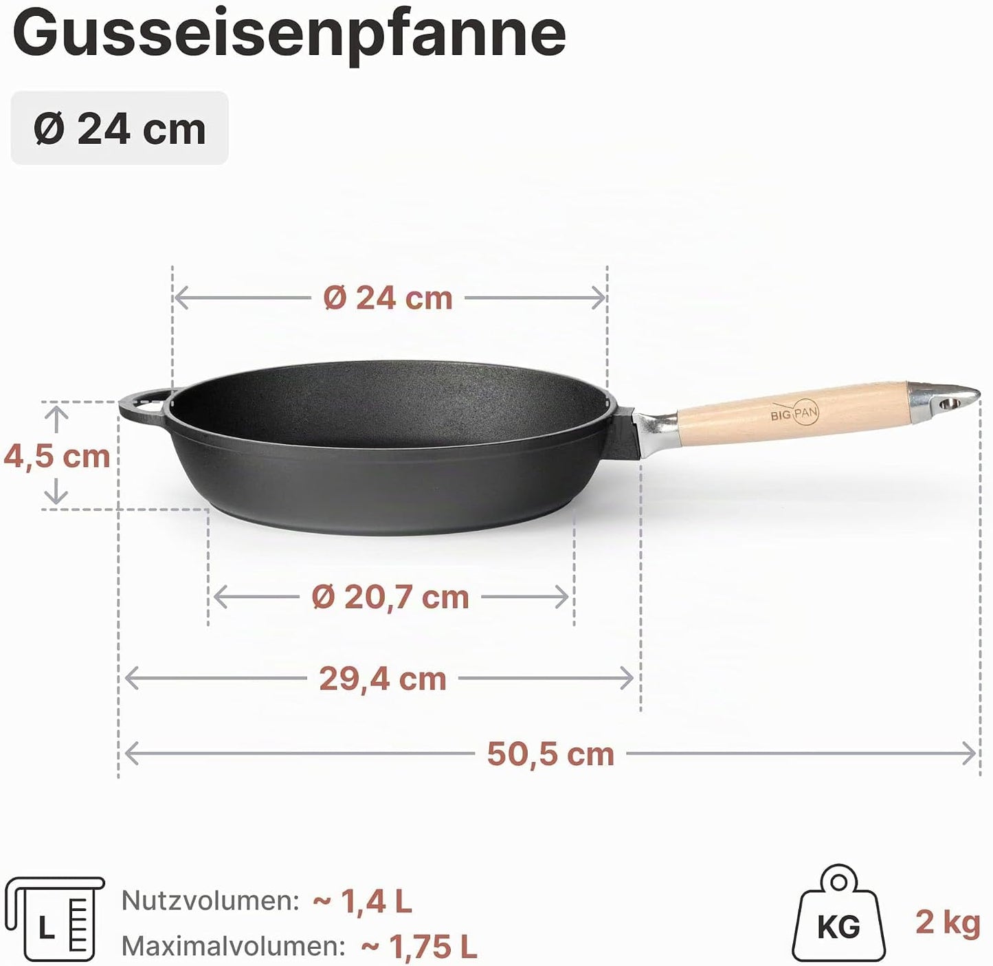 Gusseisenpfanne mit abnehmbarem Griff, 24 cm Ohne Deckel