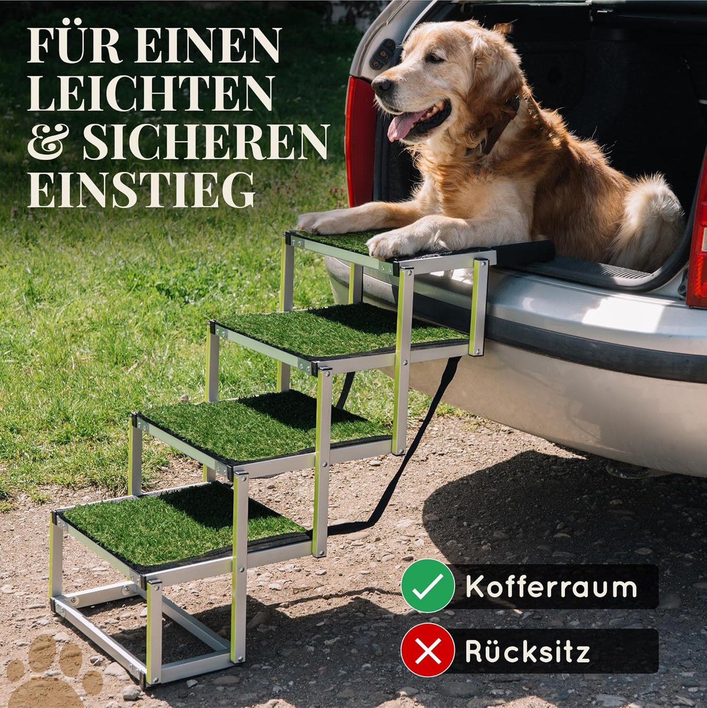 Faltbare Hundetreppe mit Antirutsch Kunstrasen Einsatz, bis 77kg, 4 Grass