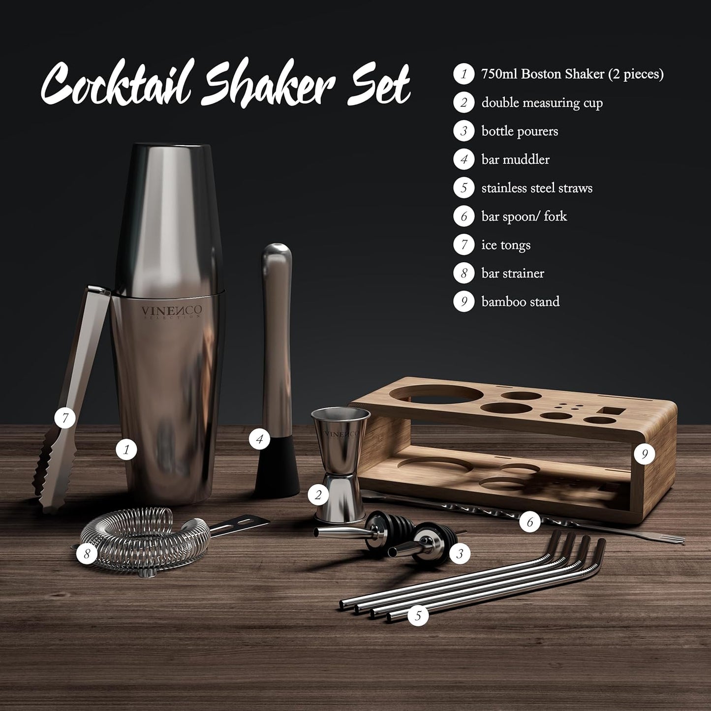 13-teiliges Boston Cocktail Shaker Set, Boston Shaker + Ständer