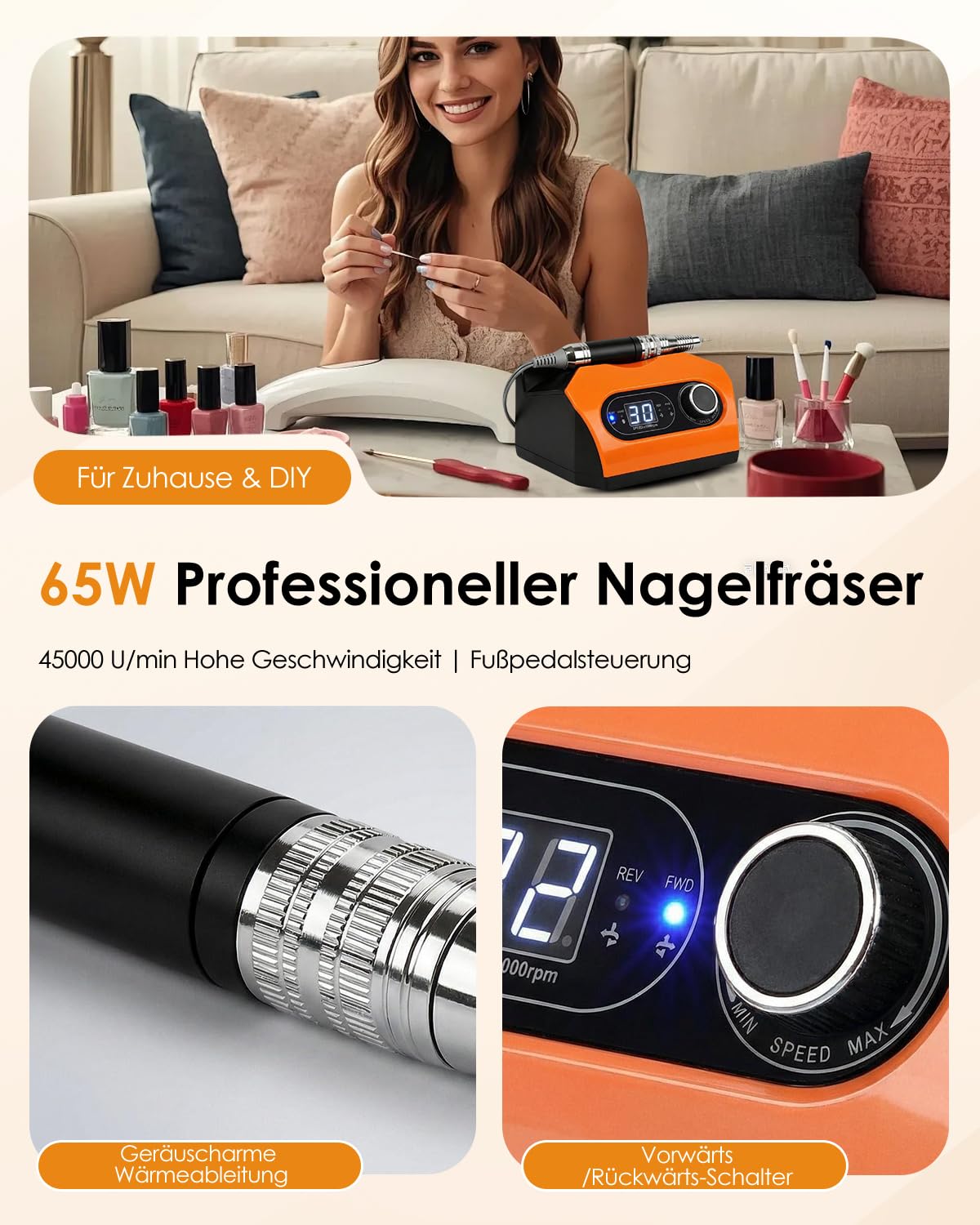 Elektrische Nagelfräse 35.000 U/min mit Fusspedal, Orange