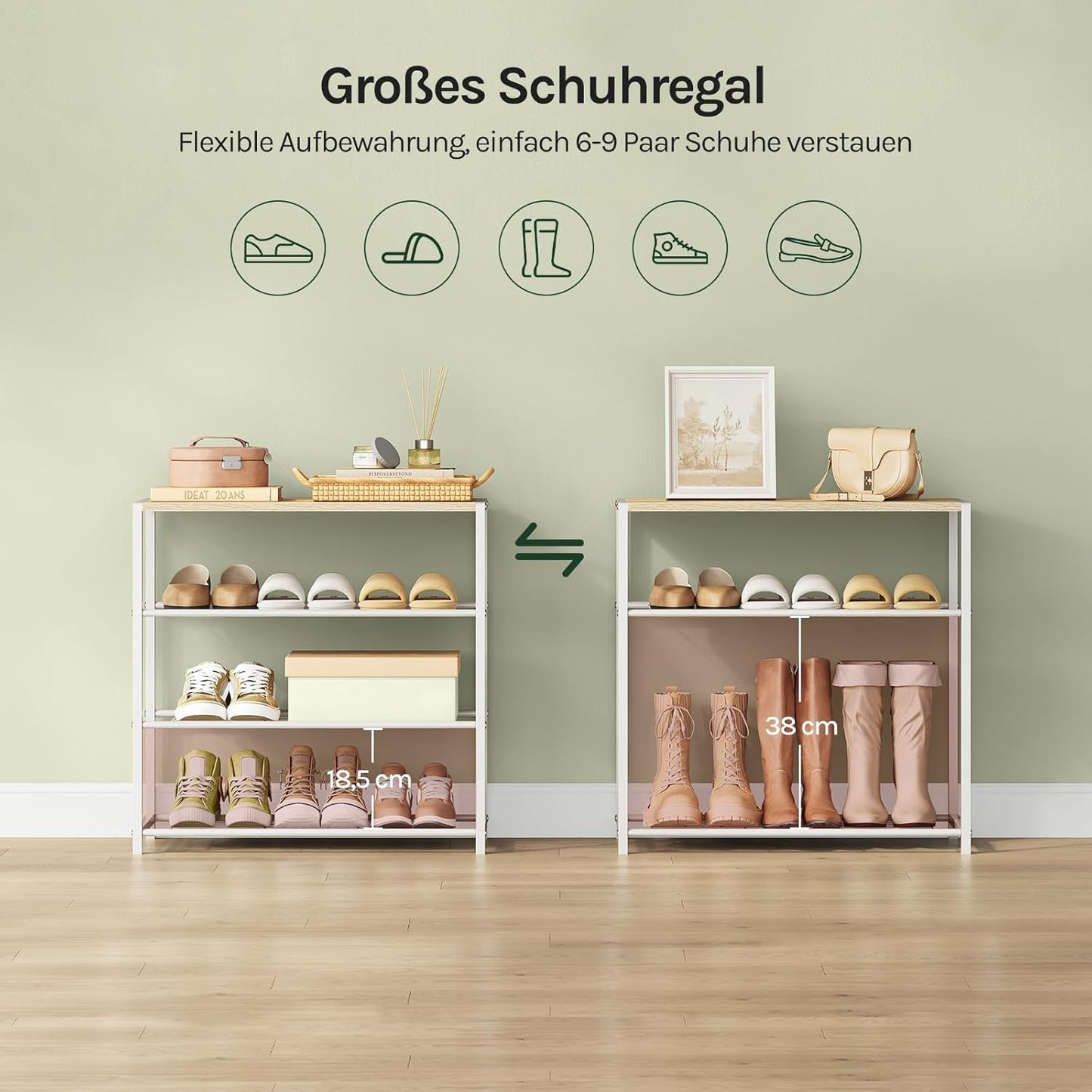 Schuhregal mit 3 Ebenen für 9 Paar Schuhe, 63 x 63 x 30 cm Helle Eiche + Weiss