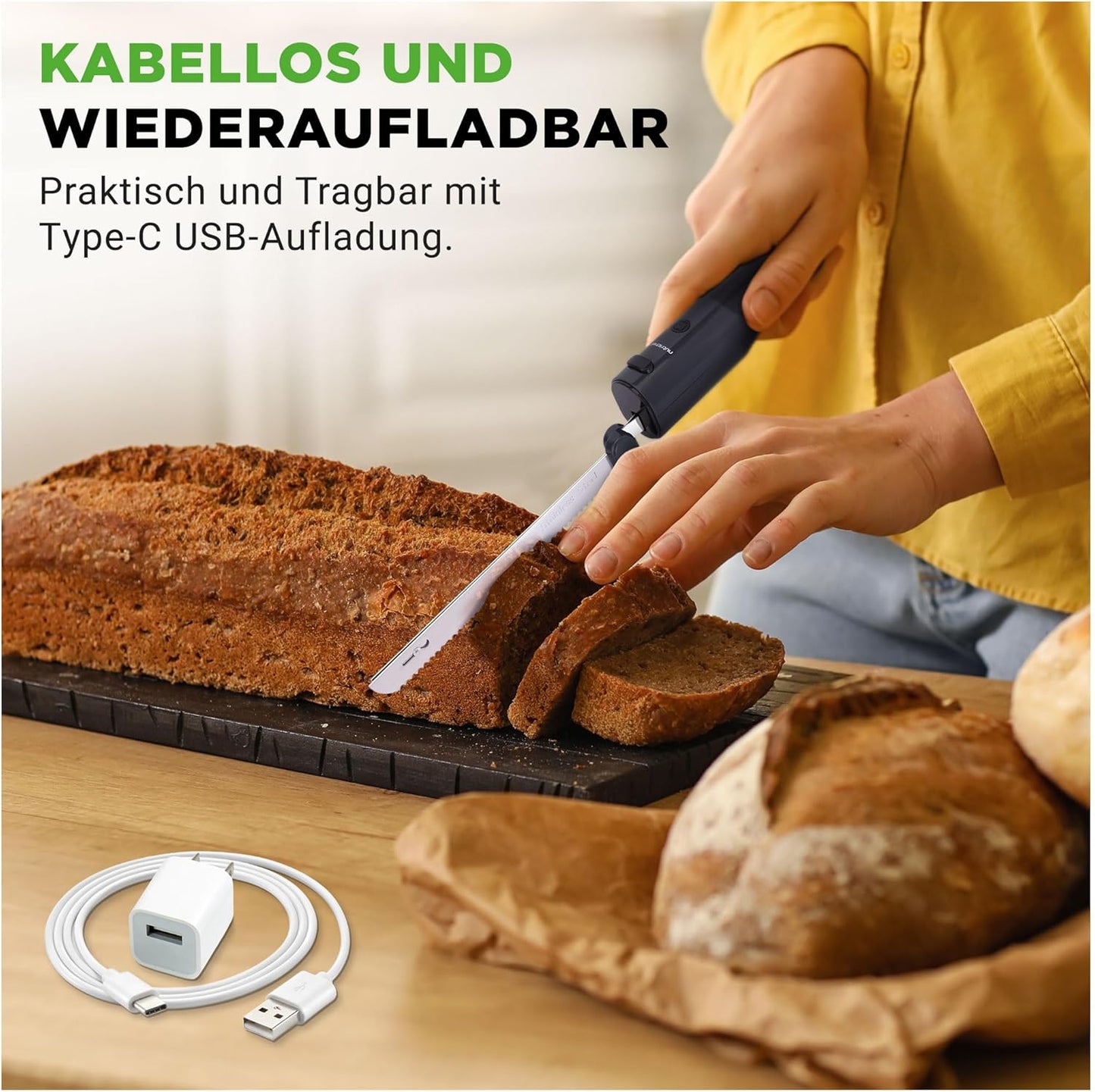 Elektrisches Messer mit ergonomischen Griff & Sicherheitsverriegelung, Schwarz