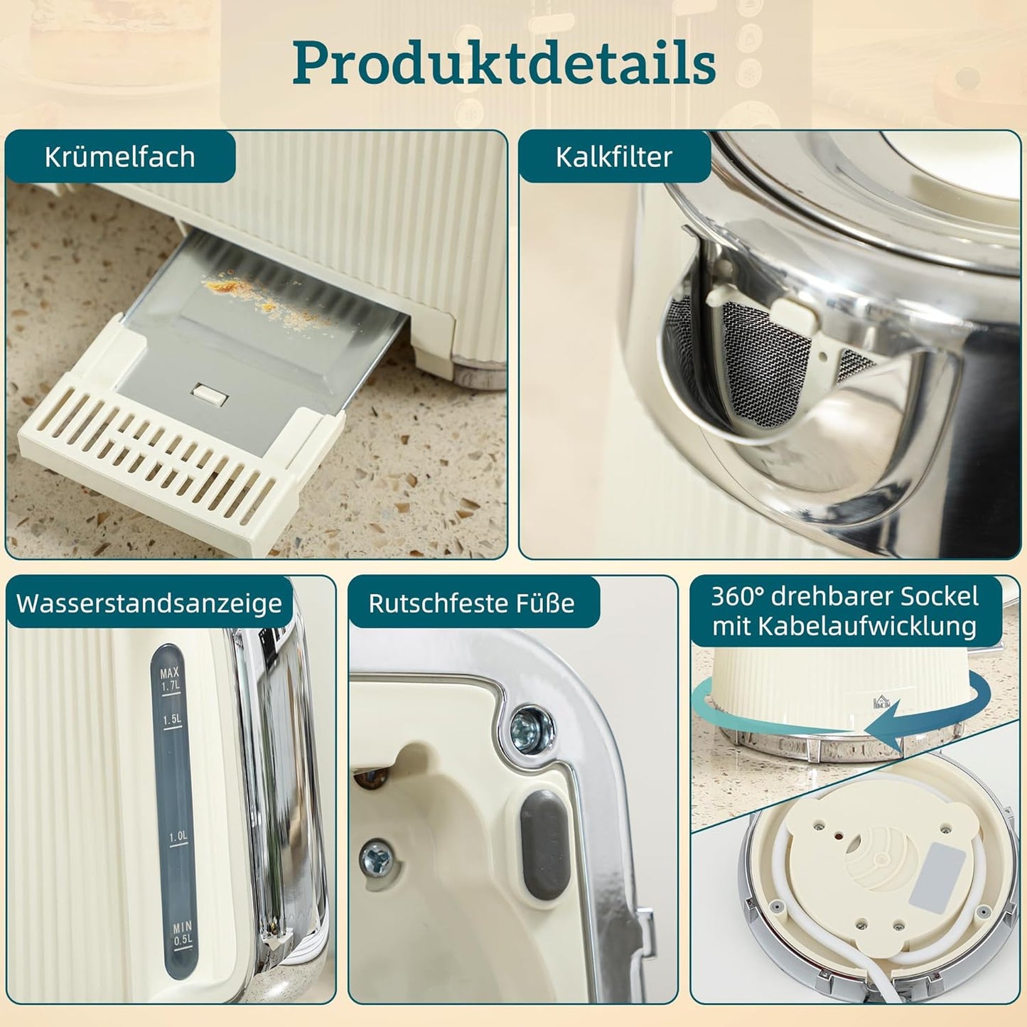 Frühstücksset mit Wasserkocher und Toaster, Cremeweiss