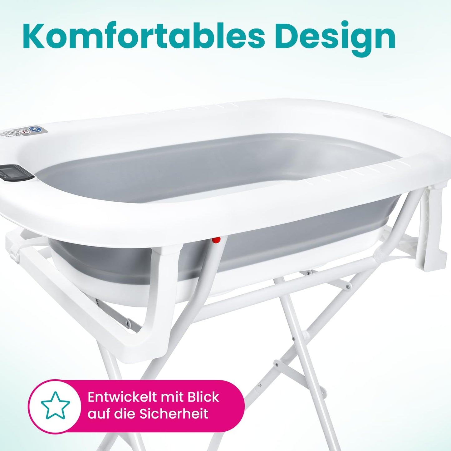 Faltbare Babybadewanne mit Badesitz und Thermometer, Milo Grau (Badesitz, Thermometer) Faltbare Babybadewanne mit Gestell