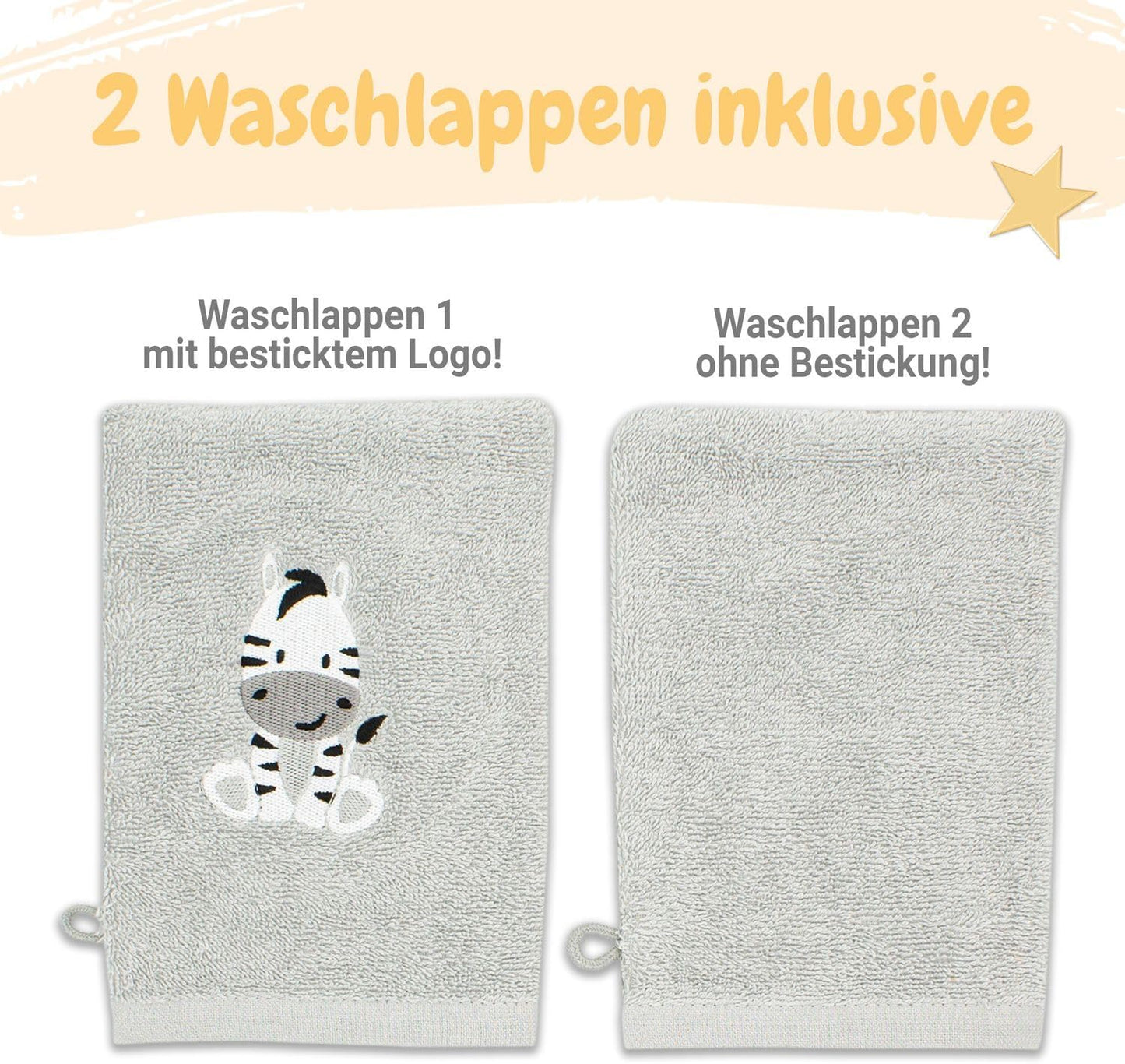3-teiliges Baby Kapuzenhandtuch-Set mit Waschlappen, Zebra-Motiv, 100 x 100 cm, Zebra Grau 100 x 100