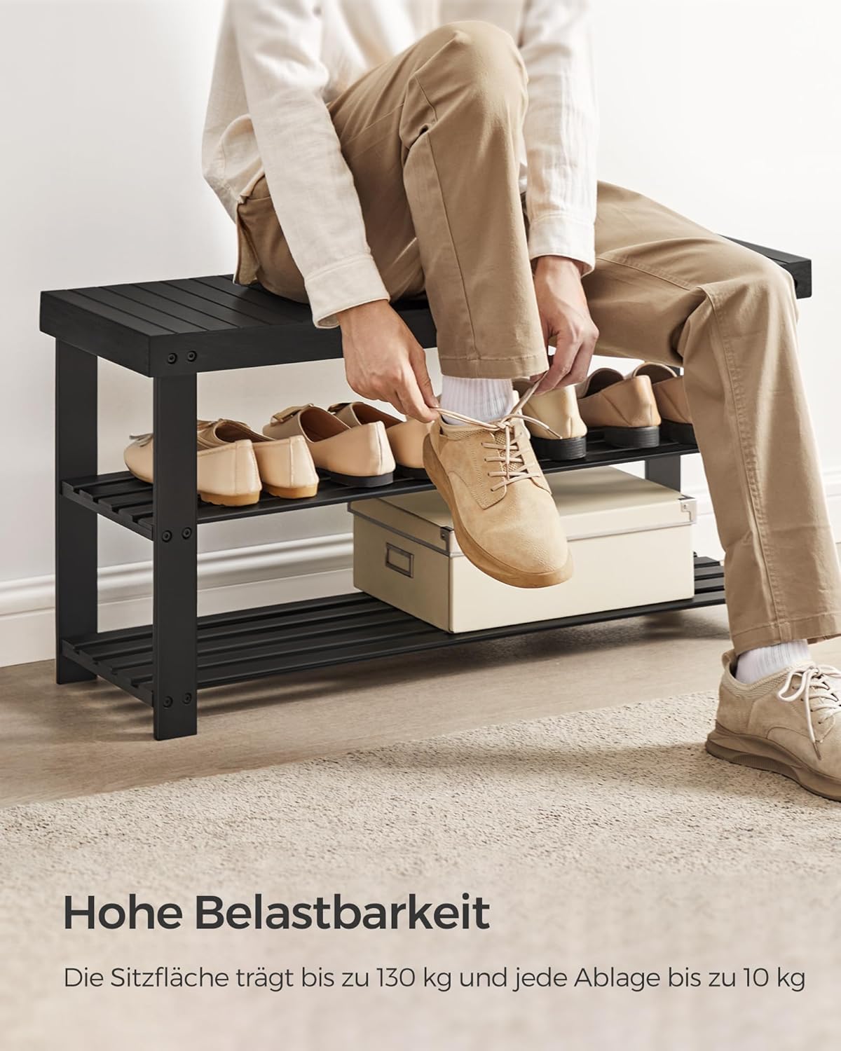 Schuhbank mit 3 Ebenen, Schwarz 90L cm