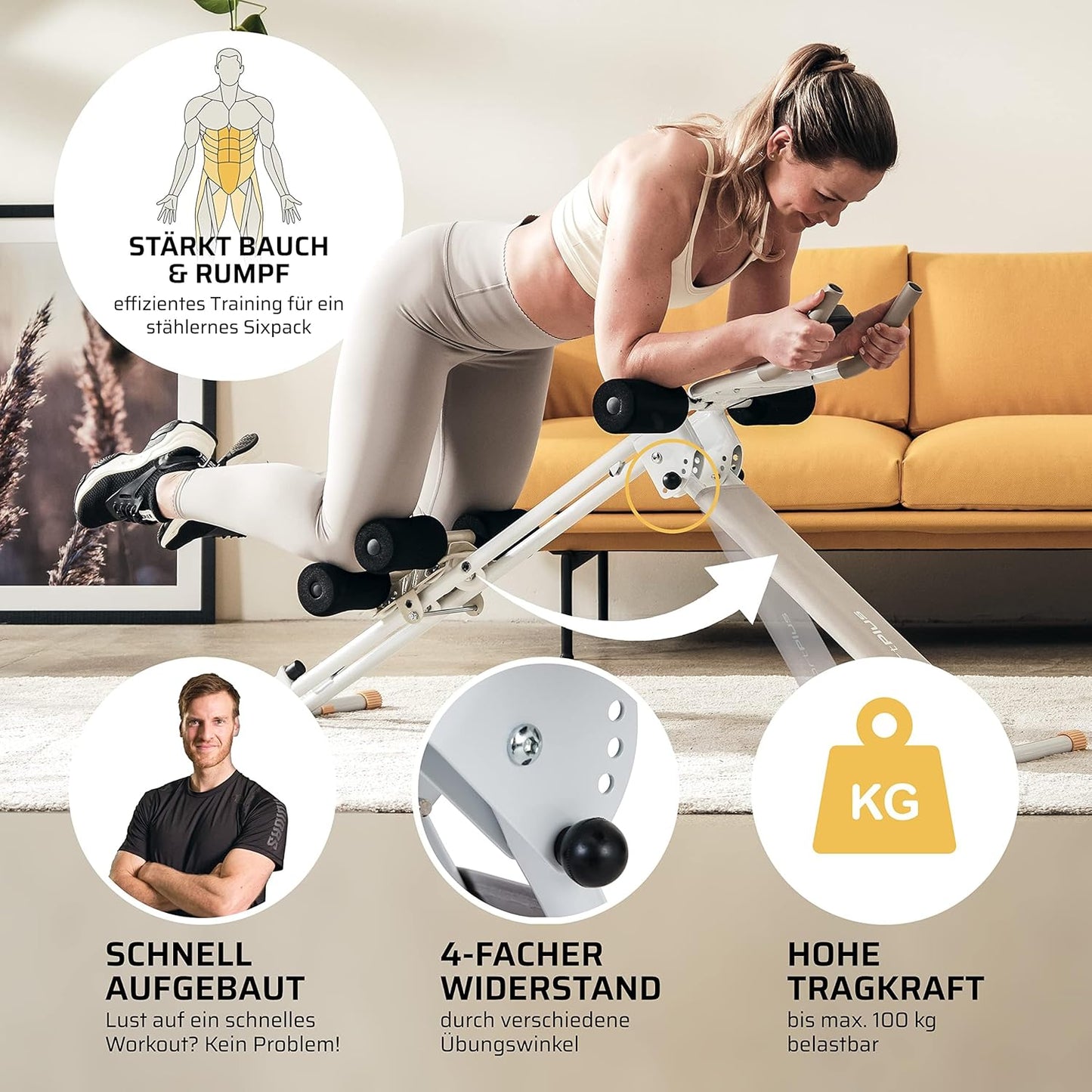 Klappbarer Bauchmuskeltrainer mit variablen Winkeln, Snow/Sun (Feste Knieauflage)