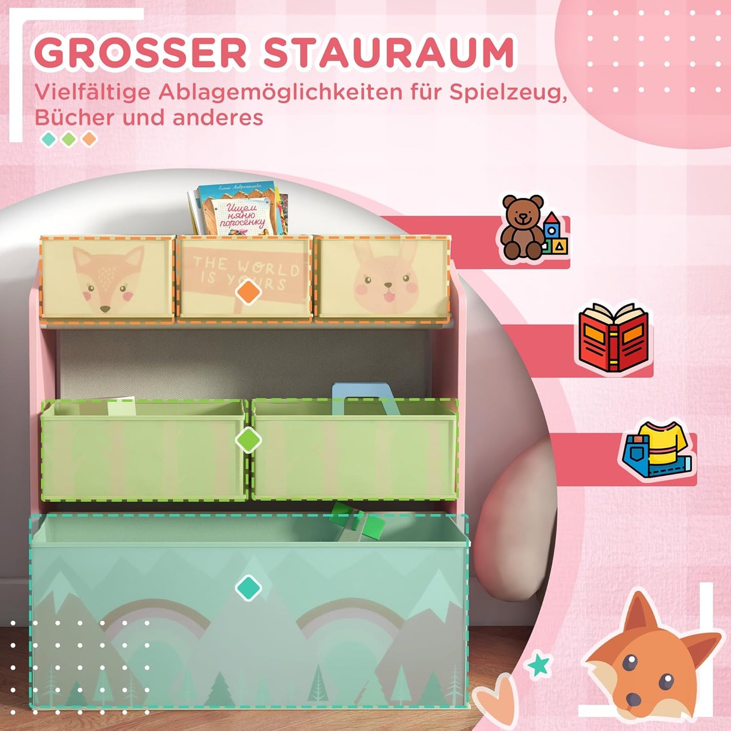 Kinder-Spielzeugregal mit Aufbewahrungsboxen, Rosa