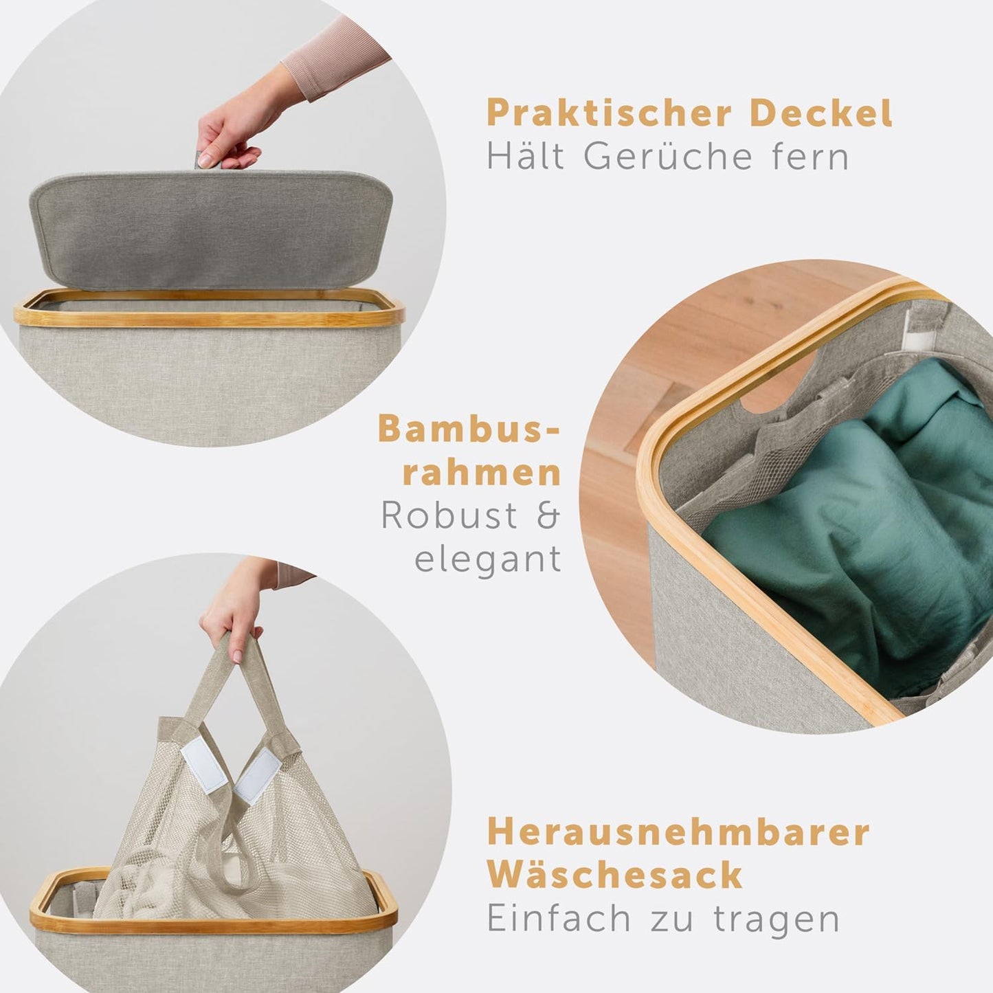 Wäschesammler mit 2 Wäschebeuteln und Wäschenetzen, Beige 140L