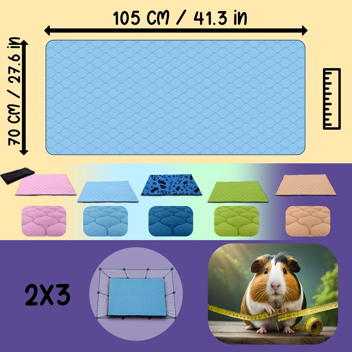 Käfigeinlage für Kaninchen und Meerschweinchen, saugfähig, wasserdicht, Blau, L 105 x B 70 x H 2 cm
