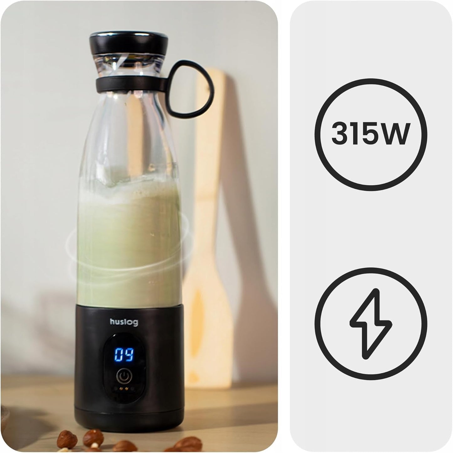 Portable Blender TO GO 315W HUS1026, Schwarz 8.2 cm x 8.2 cm x 30 cm