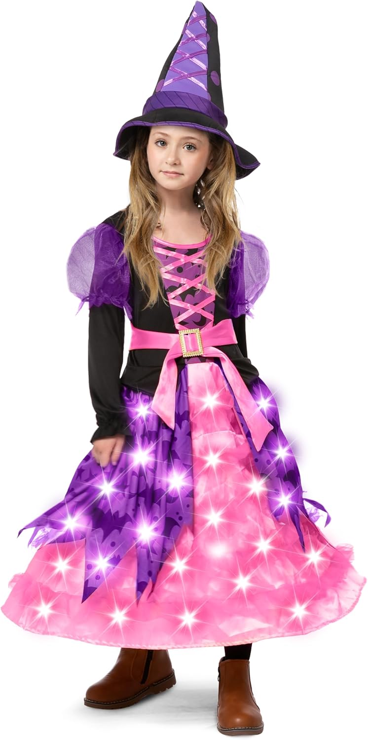 Hexenkostüm für Mädchen mit Leuchteffekt, Rosa Medium (8-10 yrs)