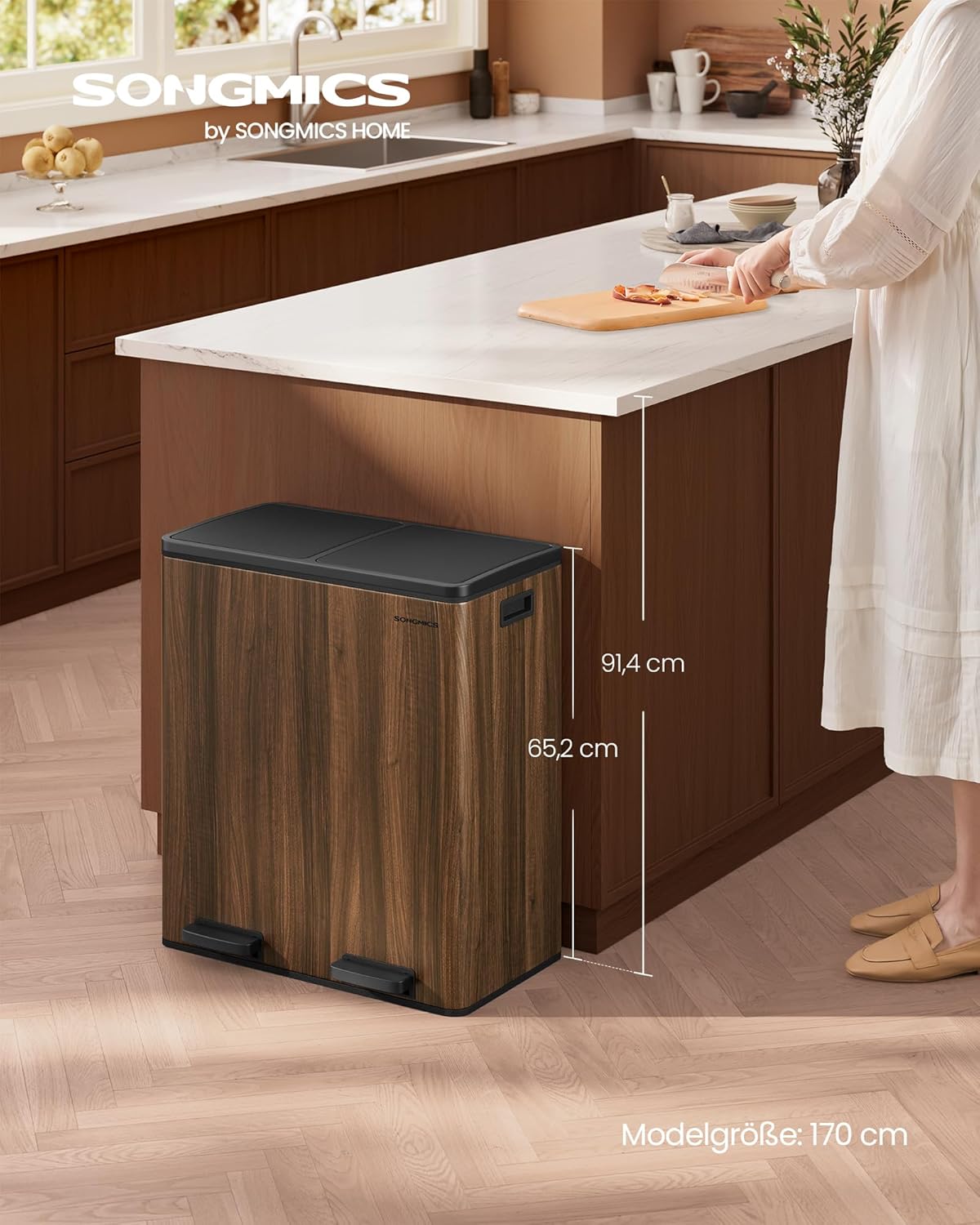 Mülltrennsystem Treteimer LTB060N02, 2 x 30 L, mit Softclose, dunkelwalnussfarben, 2 x 30 L