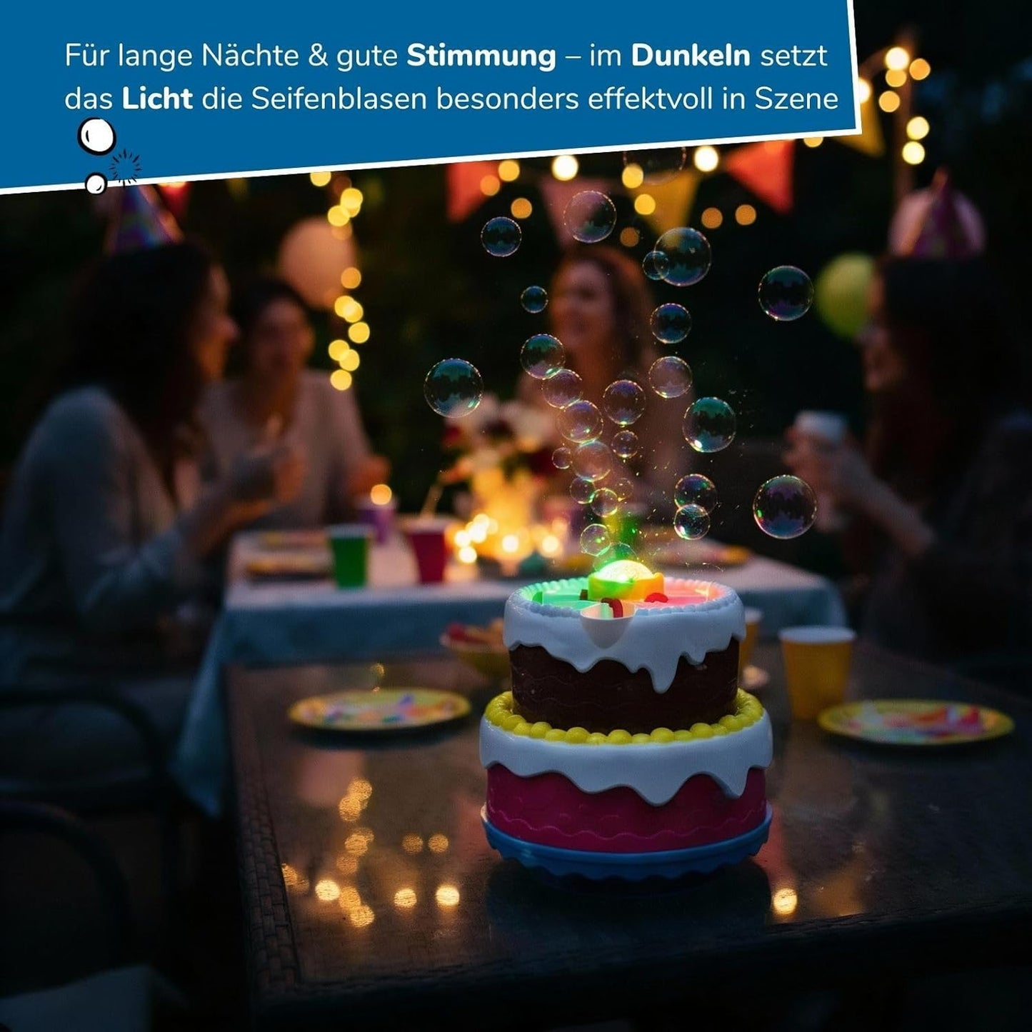 Seifenblasenmaschine mit Nachfüllflasche, Seifenblasenmaschine Torte + Nachfüllkanister
