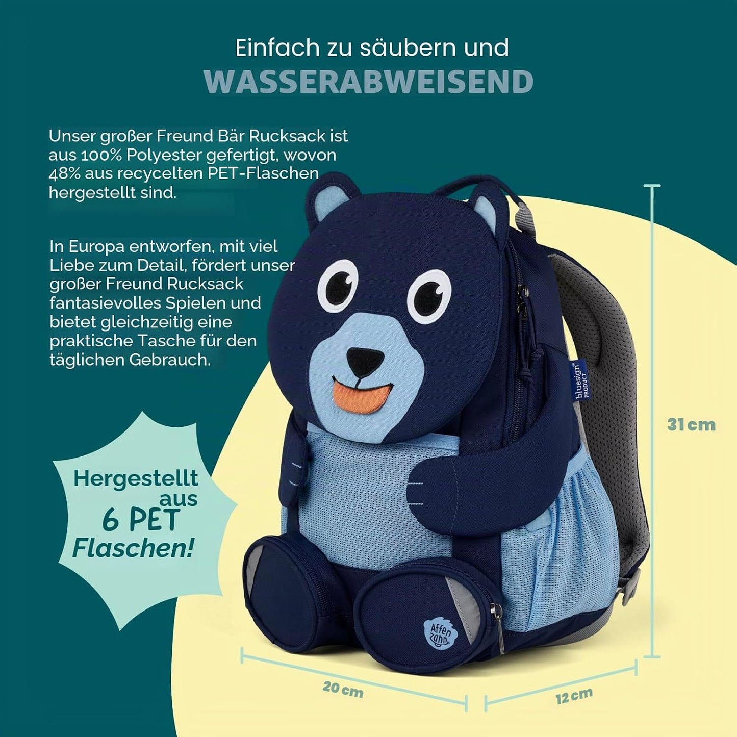 Kindergartenrucksack Grosser Freund, 8 L Bär - Blau