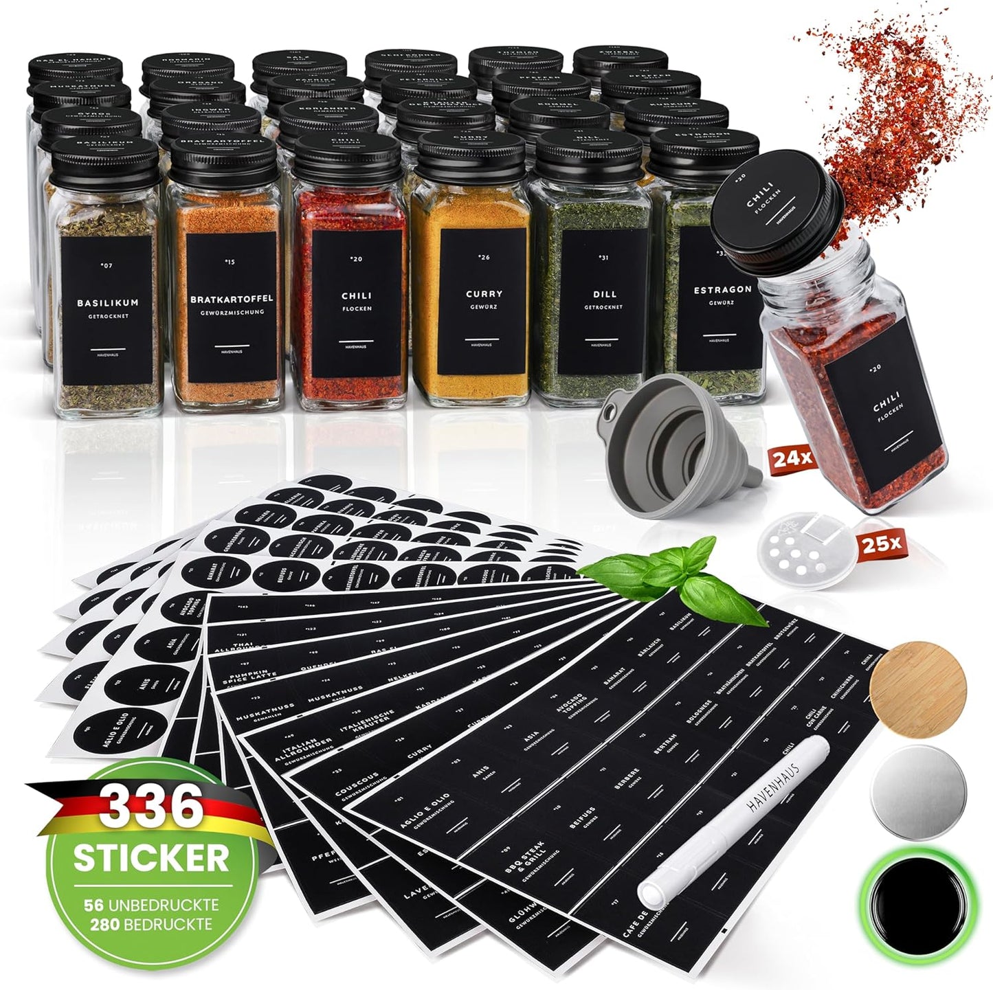 Gewürzgläser-Set mit 336 Gewürzetiketten (24 Stück), 24 Gewürzgläser Schwarze Deckel