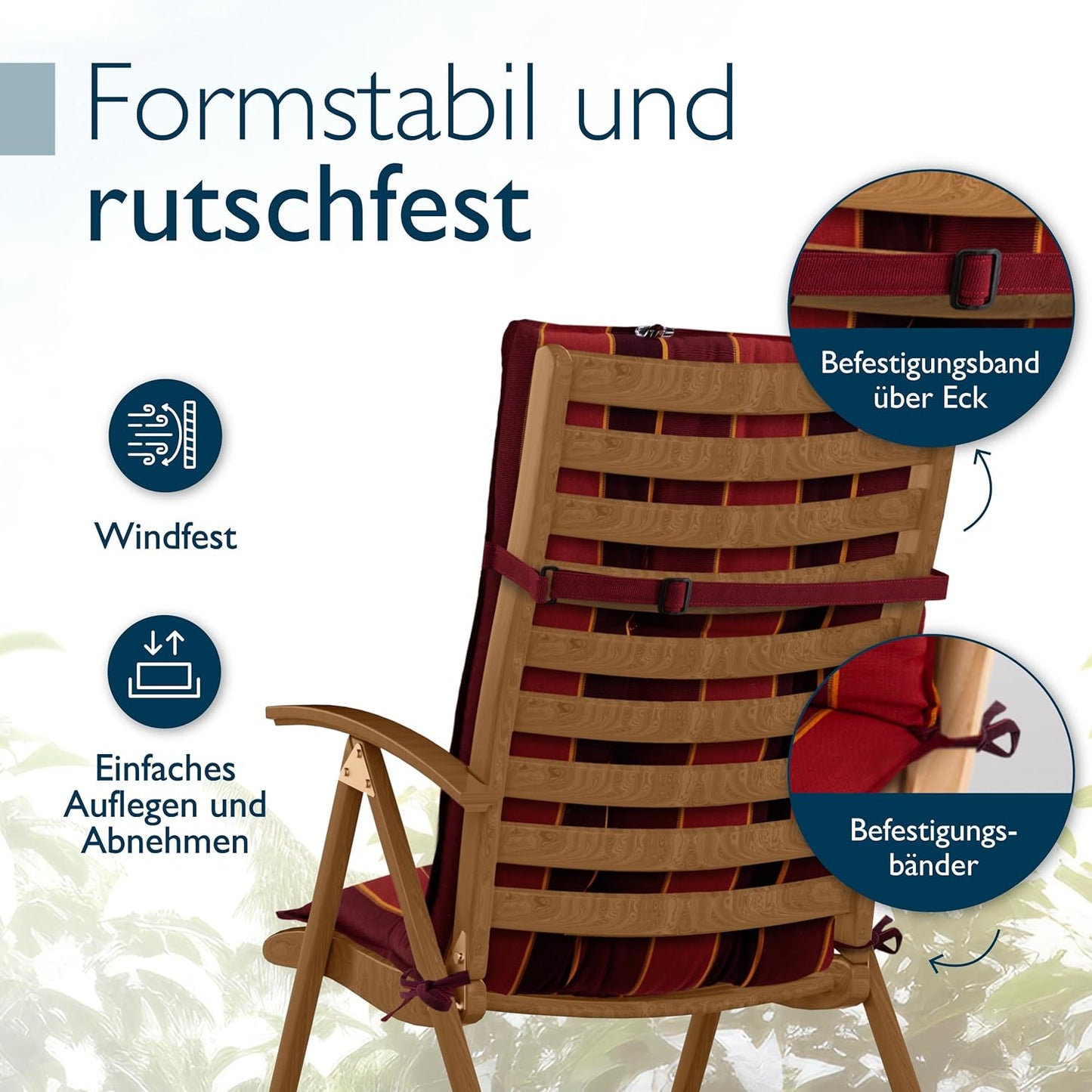 4-teiliges Hochlehner Auflagen-Set mit Kopfpolster, 4 Auflagen Rot Gestreift