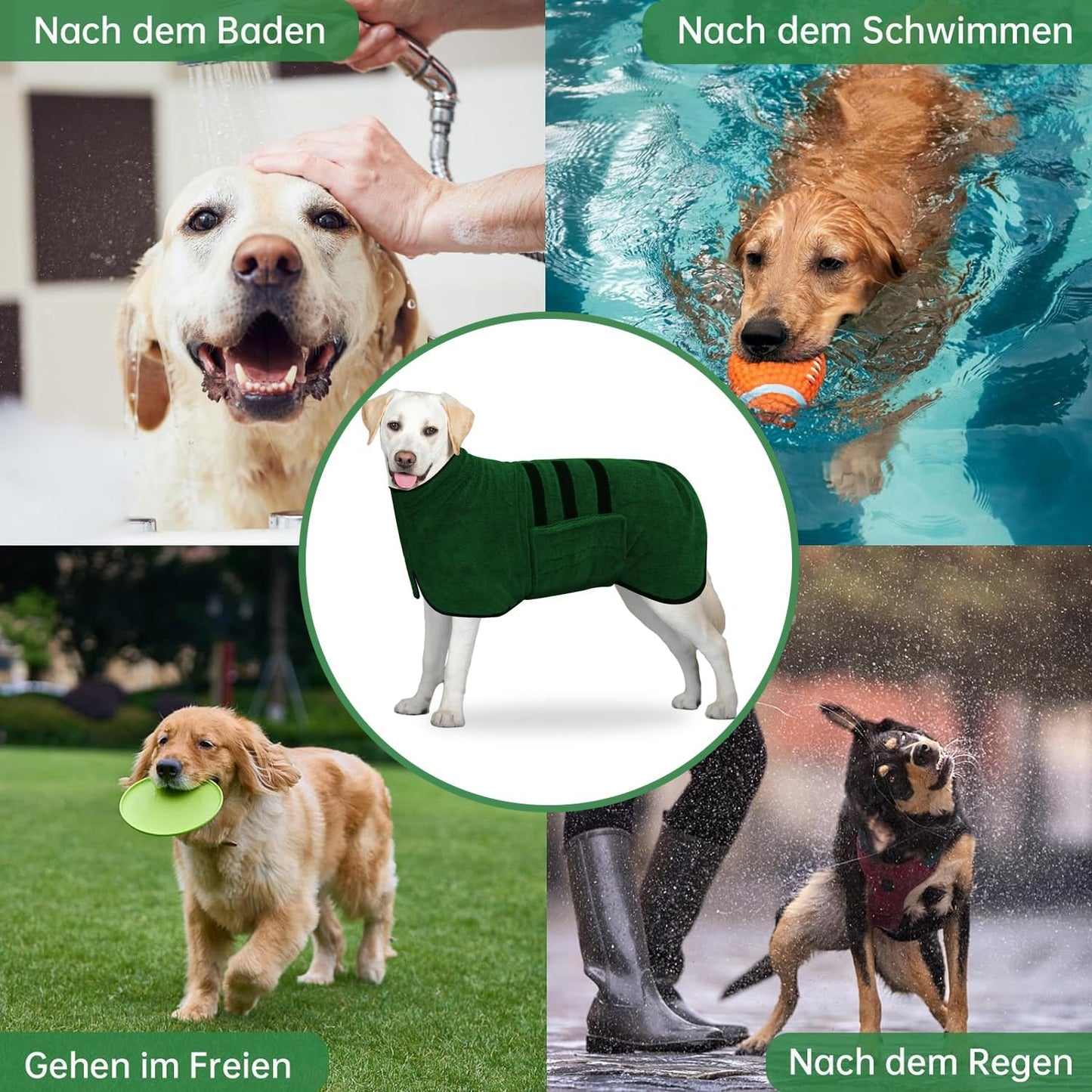 Hundebademantel mit Klettverschluss, Grün-XL