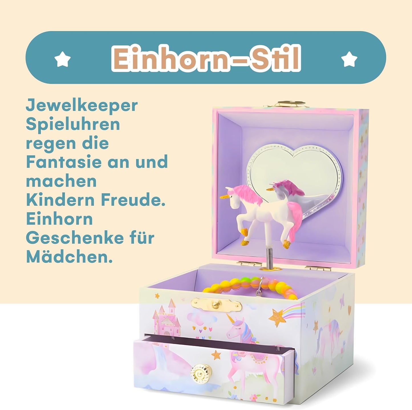 Schmuckkästchen mit Musik für Kinder, Glitzer Regenbogeneinhorn